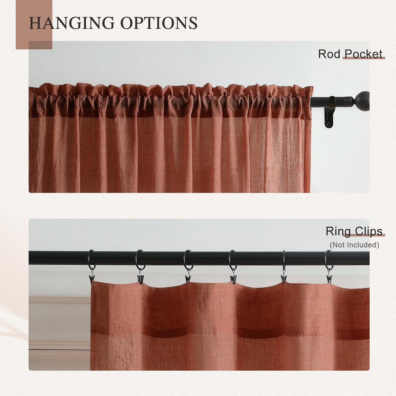 Terracotta Sheer Curtains 84 Inches Long Cotton Linen Textured for Living Room, Bedroom Light Filtering Crinkle Sheer Drapes Natural Rod Pocket Privacy Thin Curtains, W52 x L84 in, 2 Panels