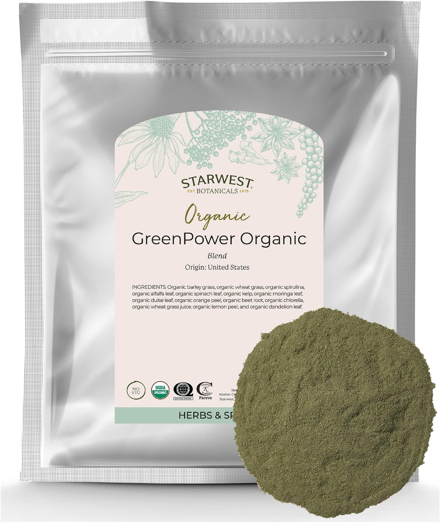 Starwest Botanicals Organic GreenPower Blend - Green Powder, Daily Green Drink Mix, Fruit & Vegetable Blend, Non-GMO - Bulk 1 lb Bag