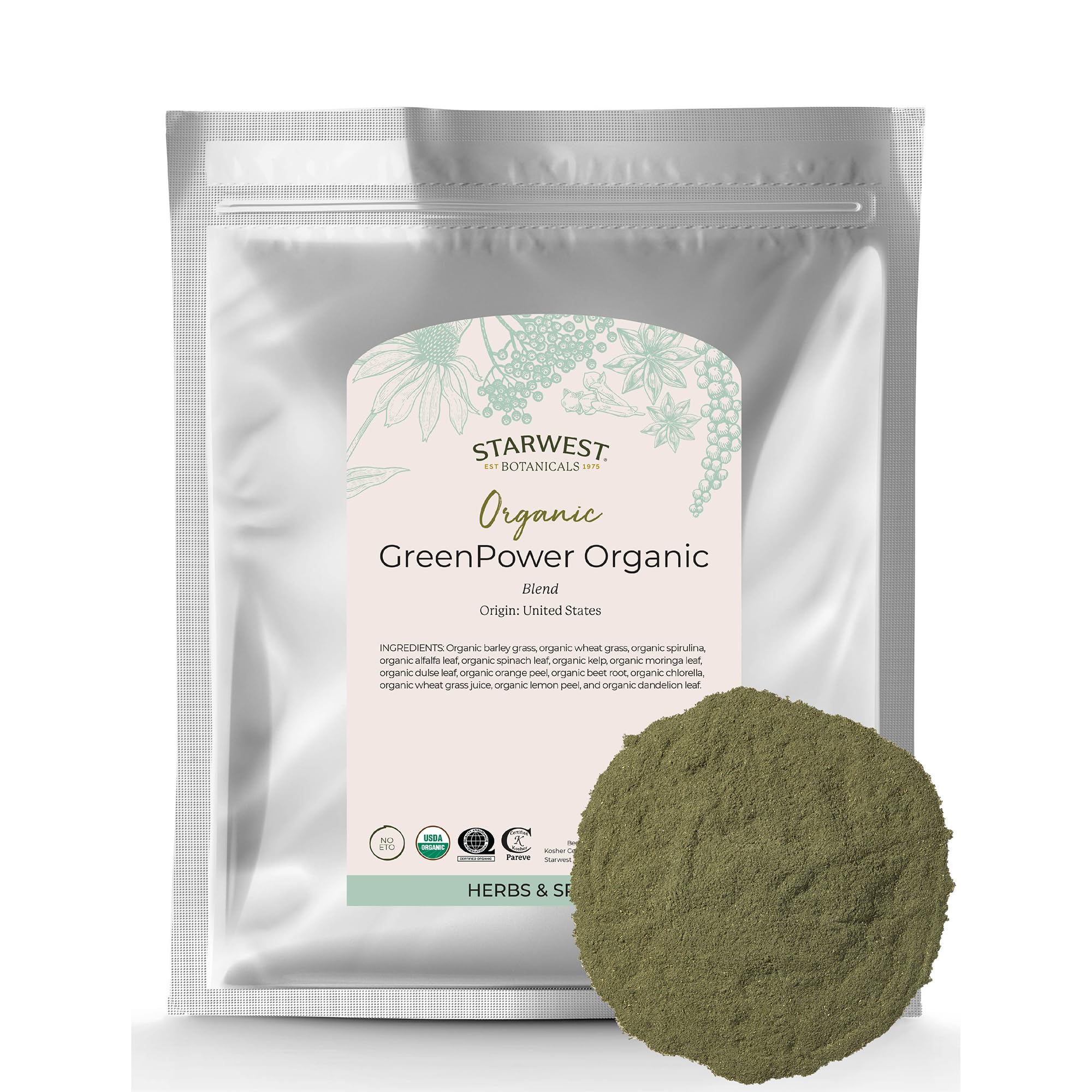 Starwest Botanicals Organic GreenPower Blend - Green Powder, Daily Green Drink Mix, Fruit & Vegetable Blend, Non-GMO - Bulk 1 lb Bag
