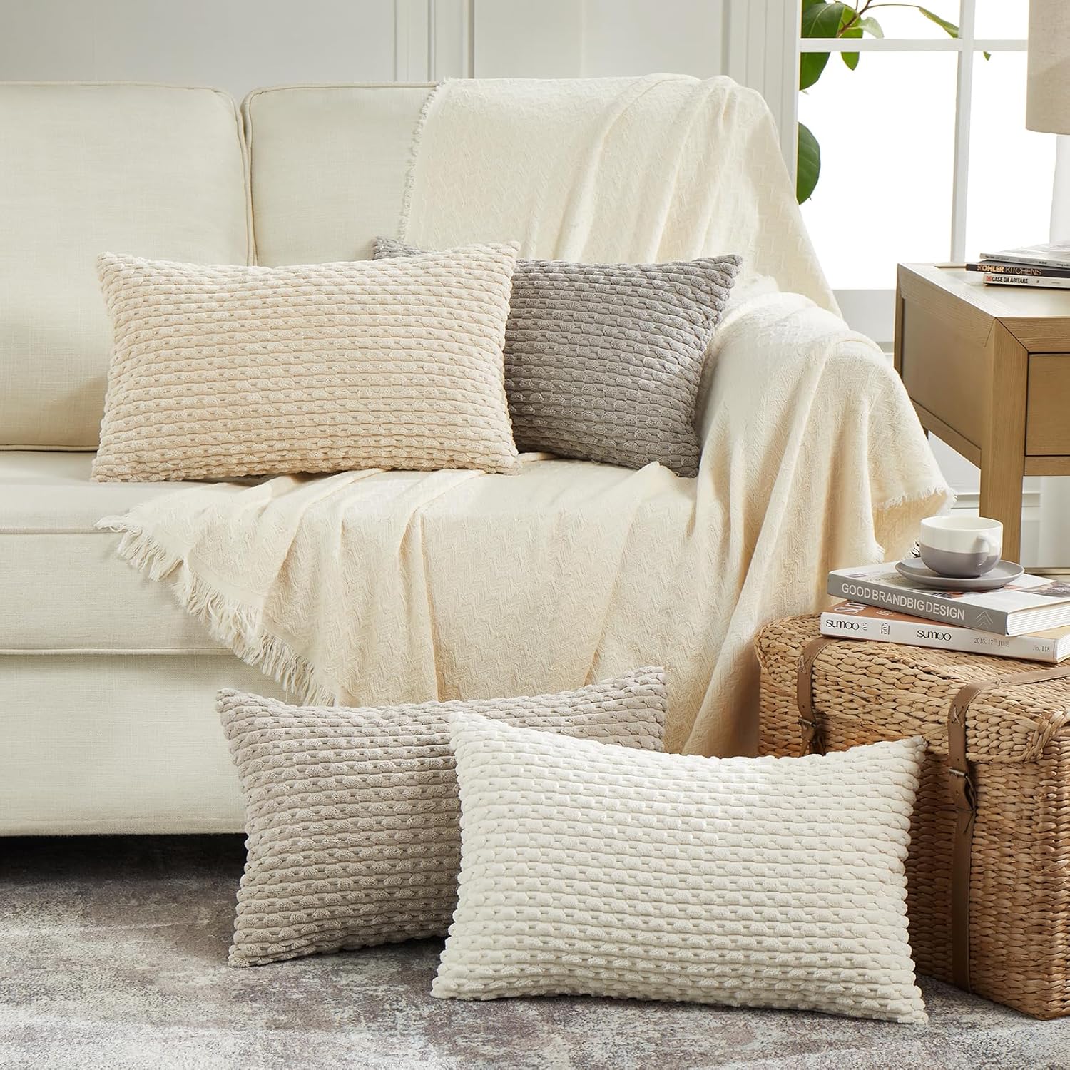 Fancy Homi Set of 4 Boho Lumbar Decorative Throw Pillow Covers 12x20 Inch for Couch Bed Sofa, Neutral Farmhouse Home Decor, Soft Fluffy Textured Corduroy Rectangle Aesthetic Cushion Case 30x50 cm
