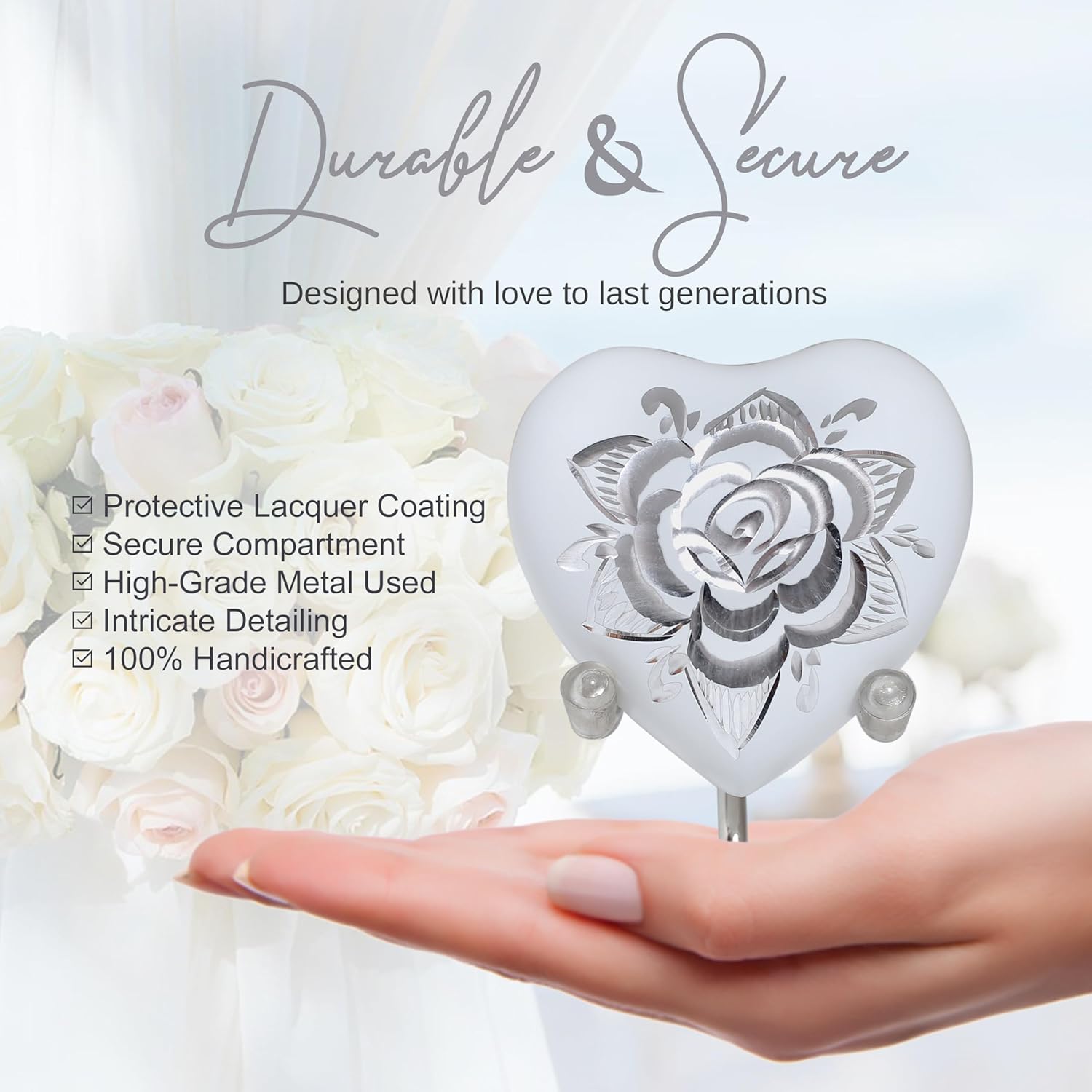Rose Heart Keepsake Urn for Human Ashes Floral Mini Memorial Urn with Stand & Velvet Gift Box (White)