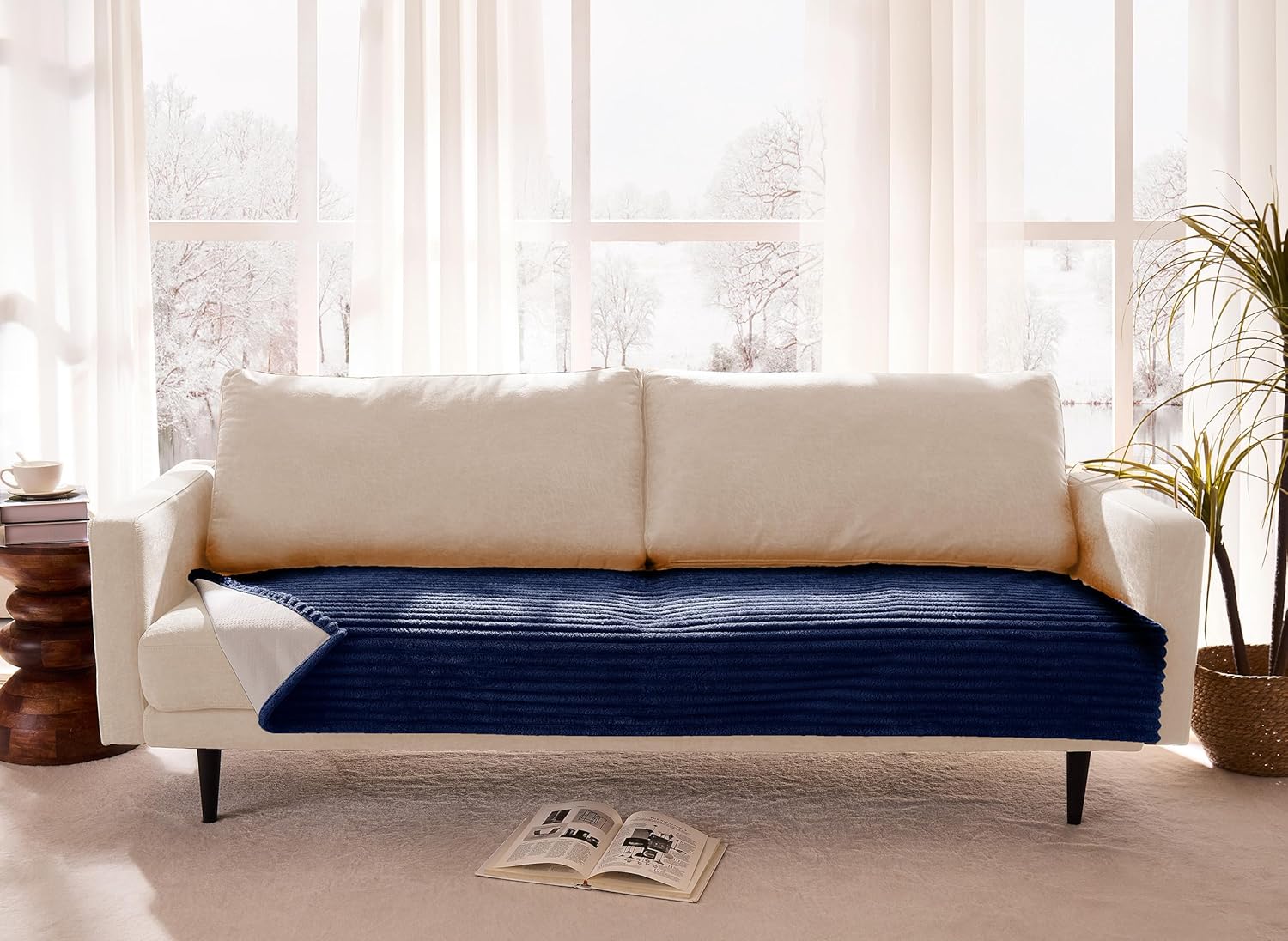 Dual Non-Slip Couch Cover for Dogs Waterproof, Fuzzy Soft Pet Couch Covers for Sofa 3 Cushion, Pet Friendly Soft Dog Bed Covers Sofa Cover Washable (Navy Blue, 33" x 75" 1 Pack)