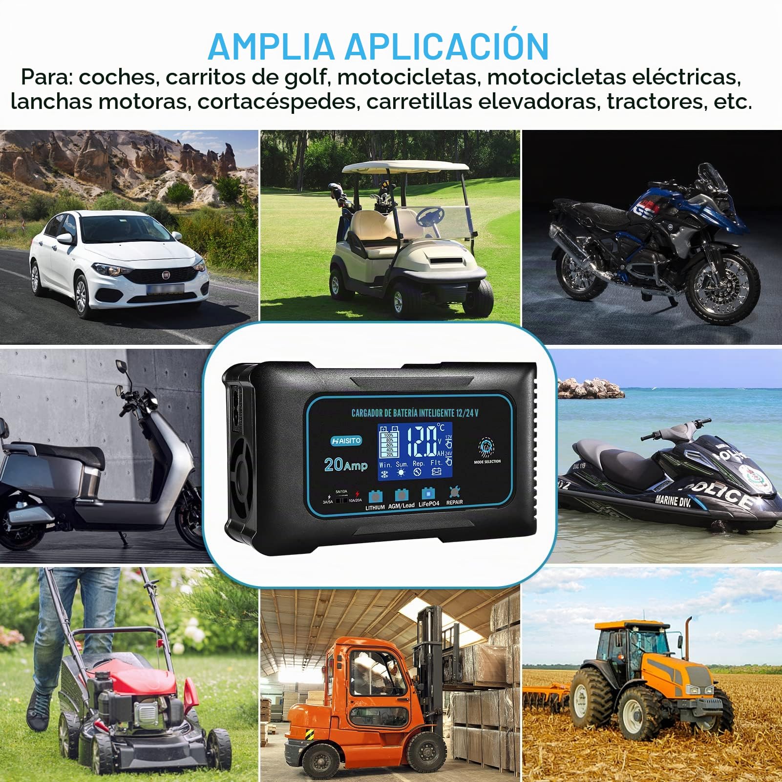 Haisito Cargador Baterias Coche 12V/24V 20A, Cargador de Baterias Rápido Inteligente Coche y Moto, Desulfatador y Mantenedor para baterías de LiFePO4 Litio Plomo ácido (AGM, GEL, EFB, SLA, VRLA)