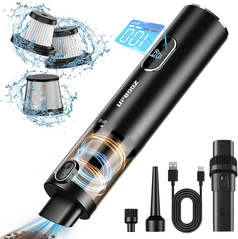 Aspiradora de mano inalámbrica, Upbooz aspiradora portátil para auto, potente aspiradora de succión 14000PA con luz LED y plumero de aire 2 en 1, mini aspiradora de mano recargable de bajo ruido para auto, hogar, oficina de mascotas