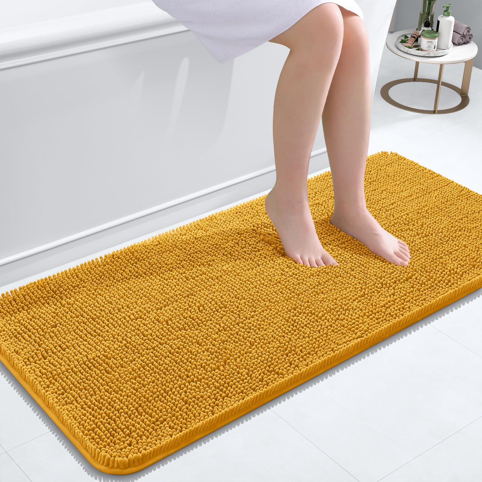 OLANLY Bathroom Runner Rugs 47x20, Extra Soft Absorbent Chenille Bath Rugs | Golden Yellow, Quick-Drying Rubber Backing, Washable Long Bath Mat for Bathroom Floor, Tub and Shower, Home Decor Accessories