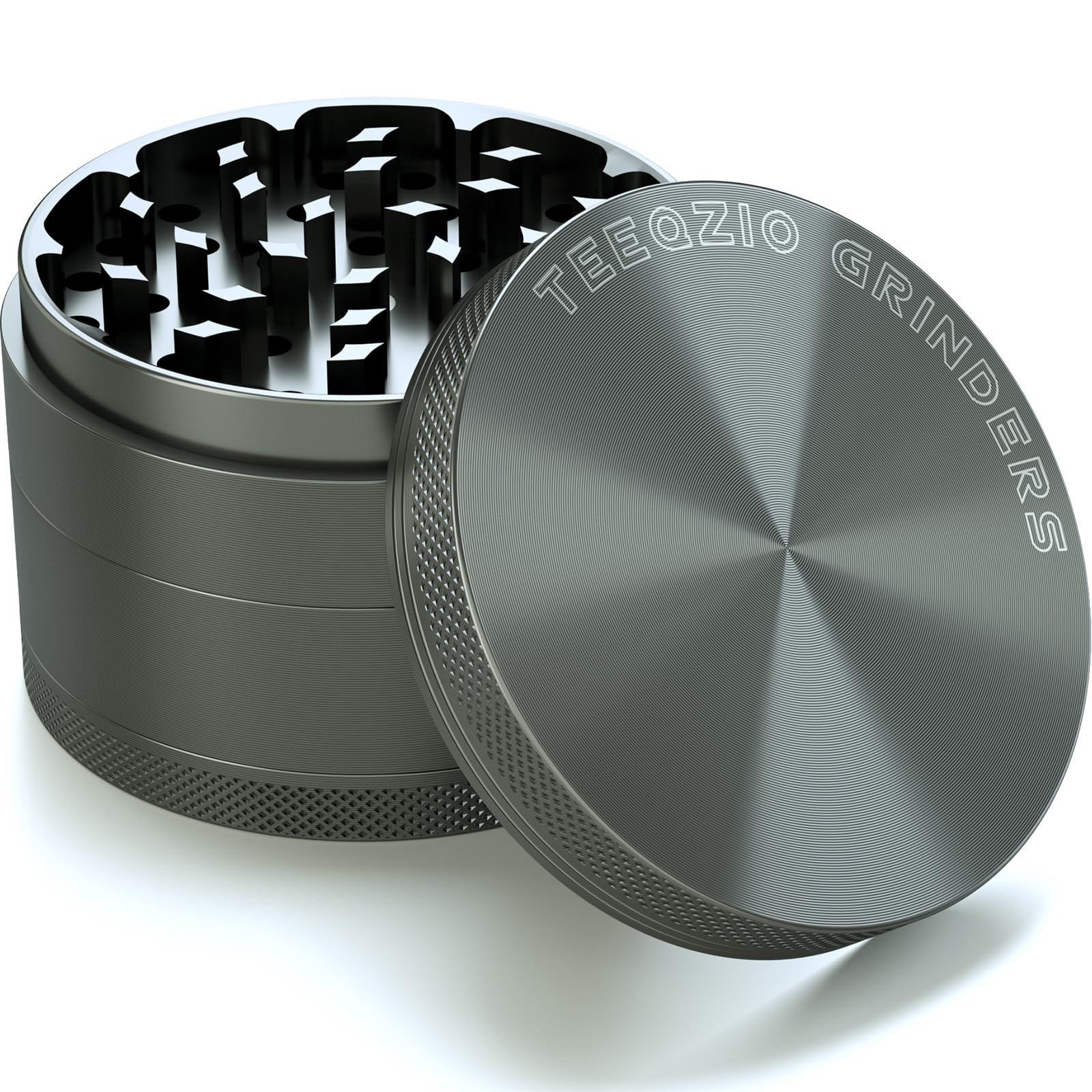 Spezie Erbe Grinder Polline Grinder Crusher Ø 75 mm in Lega di Alluminio - 4 Parti - Denti a Diamante, per Spezie, Erbe, Caffè con Raschietto & Spazzola (Grigio)