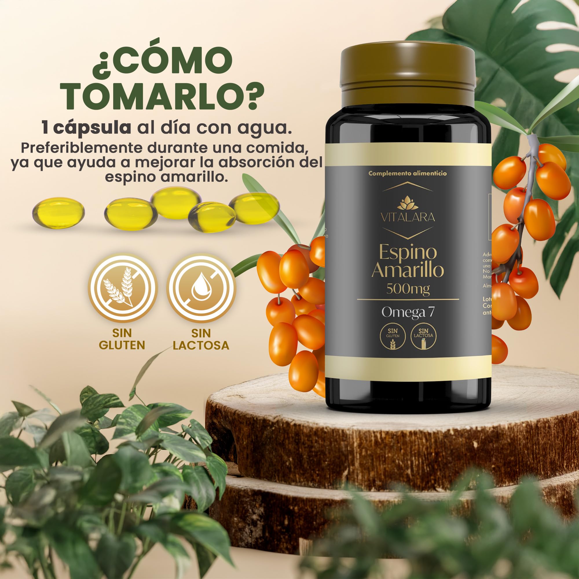 Omega 7 Espino Amarillo para Piel, Mucosas y Sistema Inmune | Aceite Espino Amarillo 500mg | 110 Antioxidantes Capsulas – Sin Gluten y Sin Lactosa | Fabricado en España
