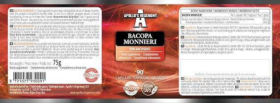Bacopa Monnieri Extract 500mg, High Potency Brahmi Extract (50% Bacosides), 90 Vegan Capsules, 3 Month Supply, Herbal Supplements by Apollo's Hegemony