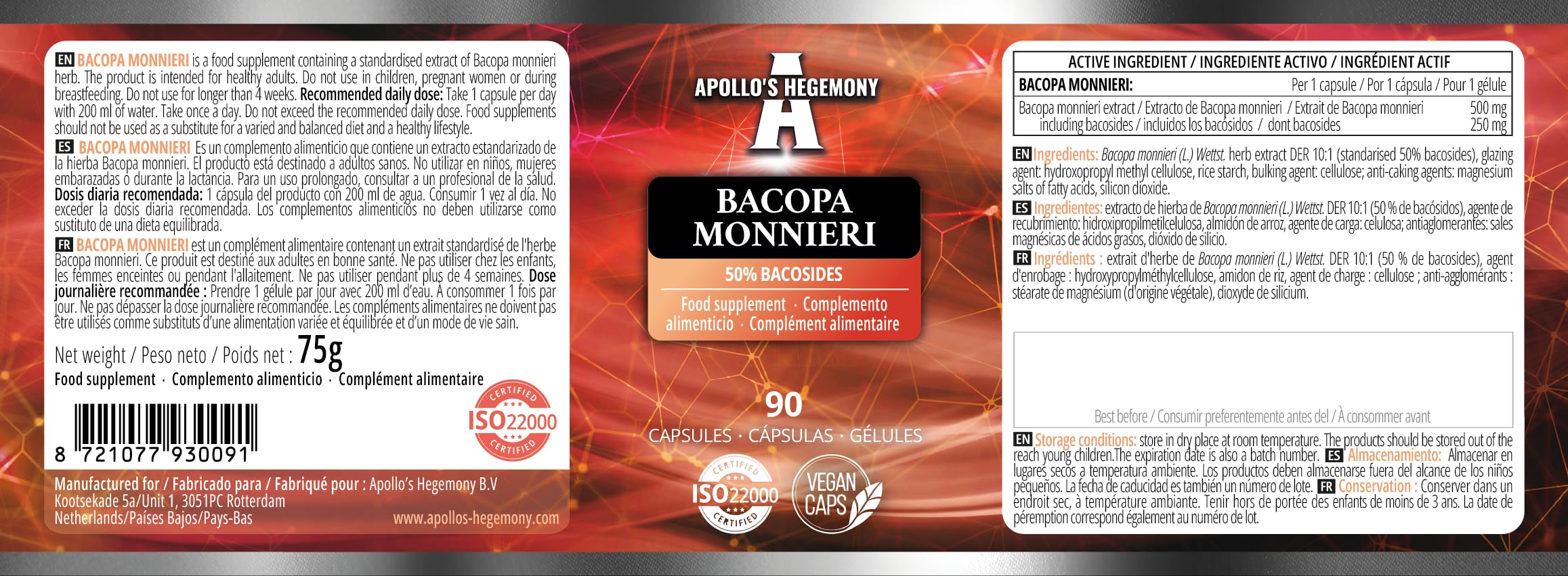 Bacopa Monnieri Extract 500mg, High Strength Brahmi Extract (50% Bacosides), 90 Vegan Capsules, 3 Months Supply, Herbal Supplements for Enhanced Mental Clarity and Focus by Apollo's Hegemony
