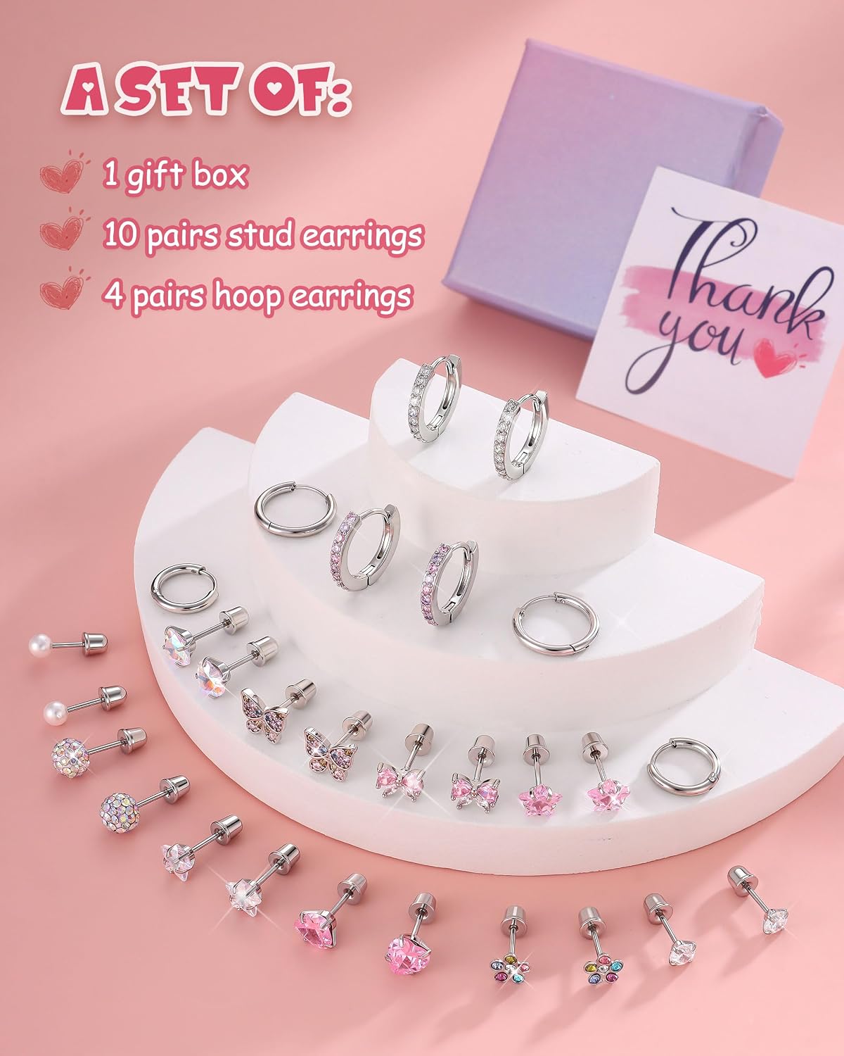14 Pairs Hypoallergenic Earrings for Girls Women Surgical Steel Screw Back Earring for Sensitive Ears Cute Flower Butterfly Heart CZ Flat Back Earrings Girls Kids Jewelry Gift age Over 4 years old