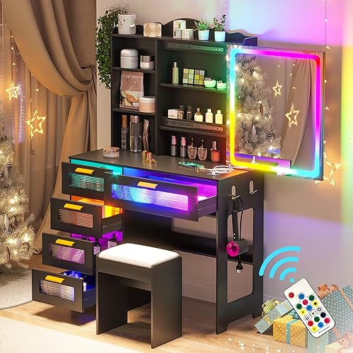 Escritorio de tocador con luces y espejo deslizante, escritorio de maquillaje con estación de carga, tocador con taburete, juego de tocador LED con