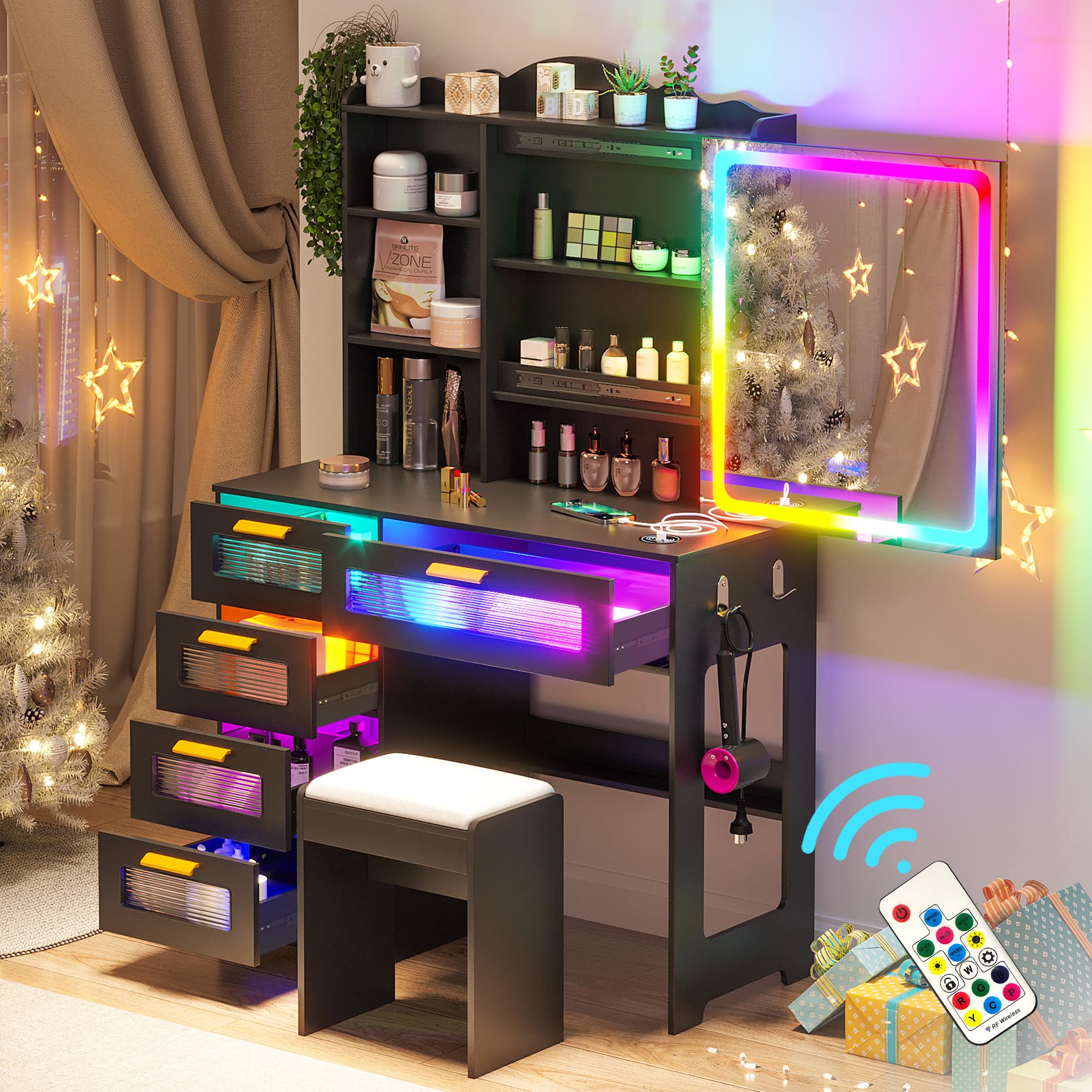 WOOVIVS Vanity with LED Mirror, 6 Drawer Dresser with Charging Station for Bedroom, Small Makeup Vanitys Table with RGB Light, Vanity Set with Chair,
