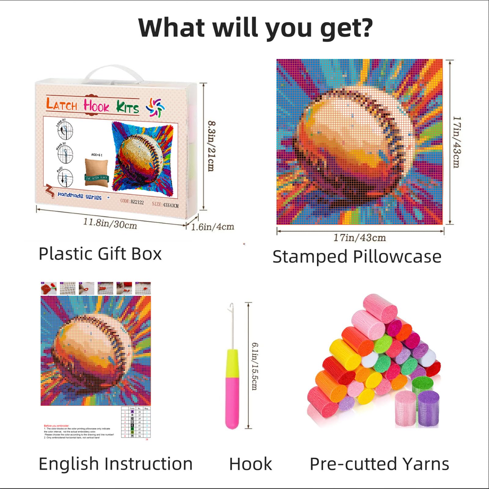 Colorful Baseball DIY Latch Hook Pillow Kits for Adults Printed Pillowcase Crochet Yarns Hooking Handmade Pillow Cover Cushion for Home Sofa Decoration 17x17inch