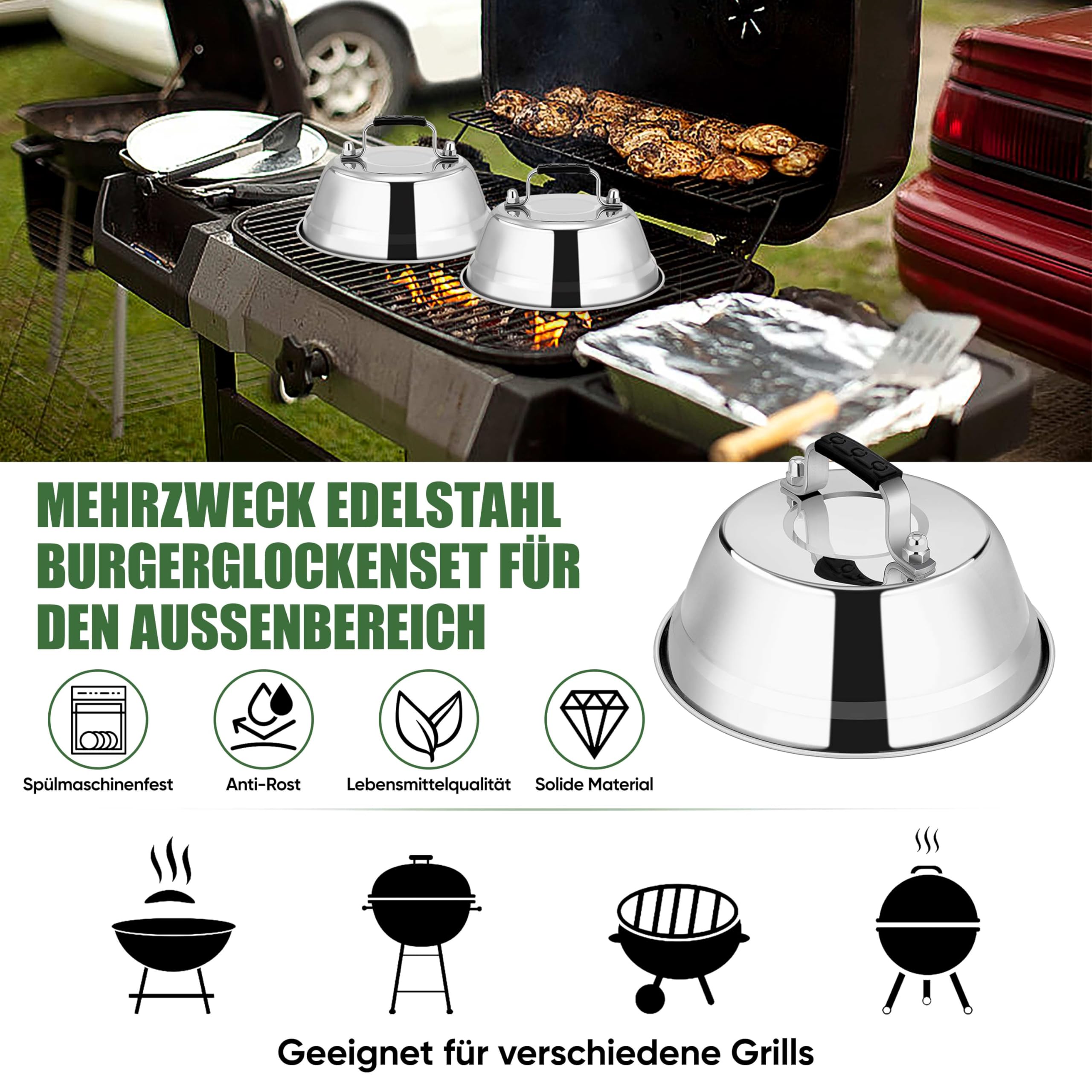 Homikit Dzwonek do burgerów, 2 sztuki ze stali nierdzewnej dzwonek do burgerów z żaroodpornym silikonowym uchwytem, zestaw kopuł/dzwonków do topienia burgerów do grilla i steków burgerowych