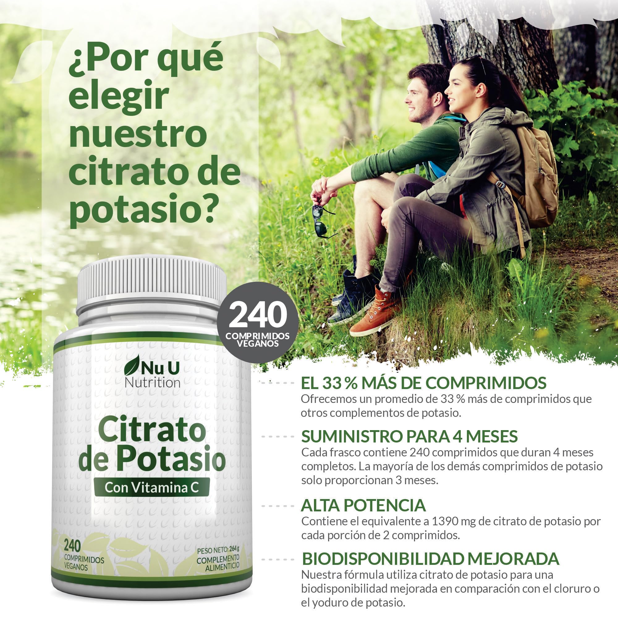 Potasio 1550mg con Vitamina C - 240 Comprimidos Veganos - Suministro Para 4 Meses - 500mg de Citrato de Potassium Activo de Alta Potencia - Fabricado en Europa - Nu U Nutrition