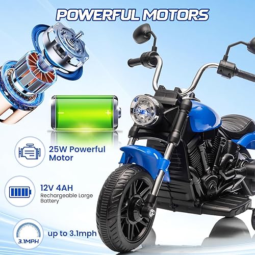 Miniatura 7 de Motocicleta eléctrica de 12 V para niños, juguete de 3 ruedas con ruedas de entrenamiento desmontables, arranque suave, función inversa, faro,