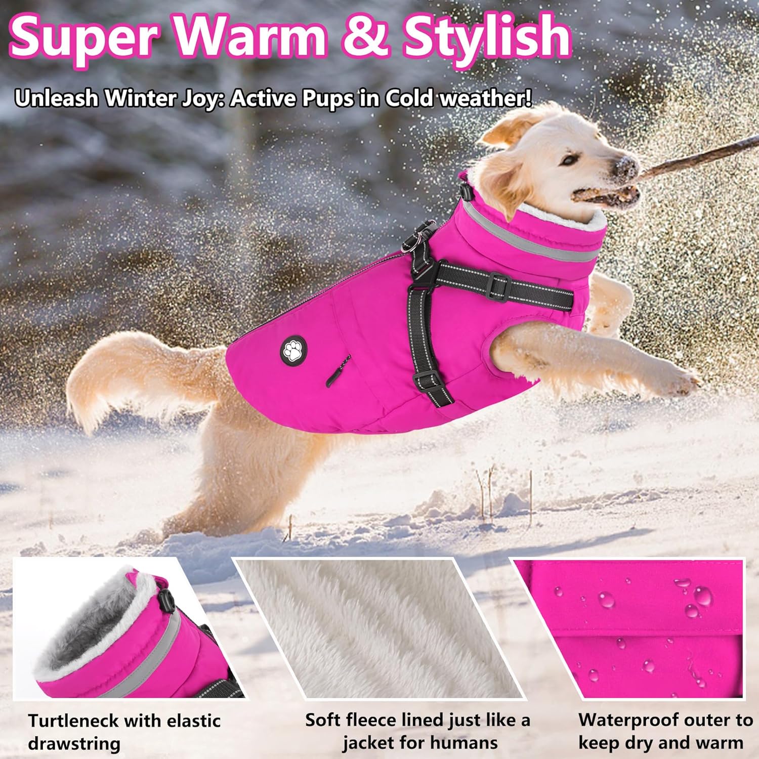 Dogcheer Dog Coat with Harness, Waterproof Dog Jacket Christmas Pet Winter Coat with Pockets, Reflective Doggy Turtleneck Fleece Jacket for Small Medium Large Dogs - Pink, XS - Image 3