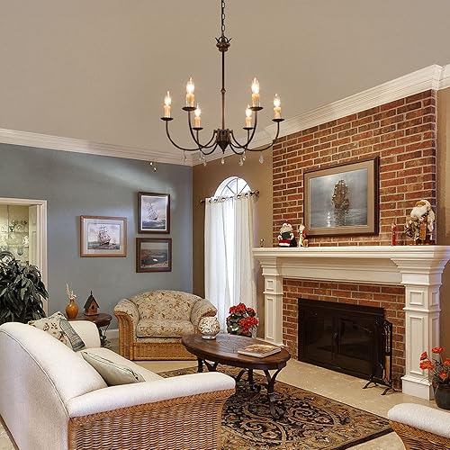 Miniatura 4 de LOG BARN Lámpara de araña de granja, lámpara negra de 6 luces para vestíbulo, dormitorio, comedor con colgantes de cristal, 22.5 pulgadas de diámetro