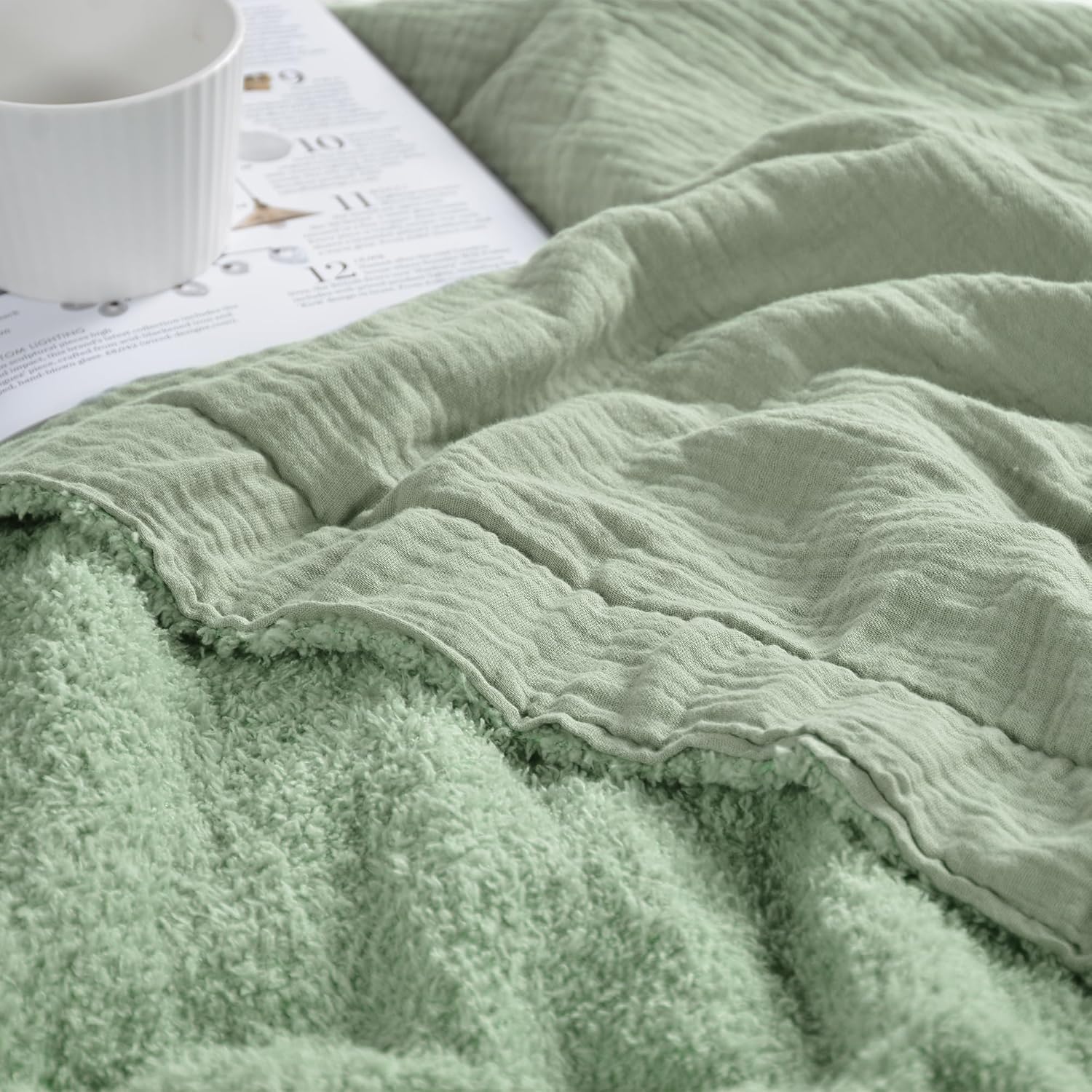 JOOJA Muslin Knit Throw Blanket for Couch Bed Soft Cooling Cotton Blanket Reversible Knit Blanket for Adults Green 50″x70″