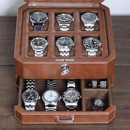 Miniatura 6 de ROTHWELL Caja de reloj de cuero con 6 ranuras y cajón de valet, organizador de exhibición de lujo para relojes, forro de microgamuza, soporte para