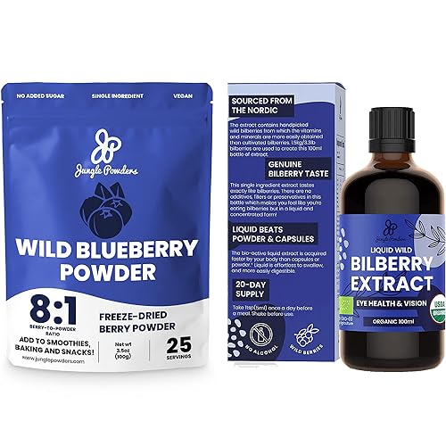 Jungle Powders Polvo de arándano silvestre y extracto líquido orgánico de arándano silvestre suplemento de antocianina sin alcohol Vaccinium