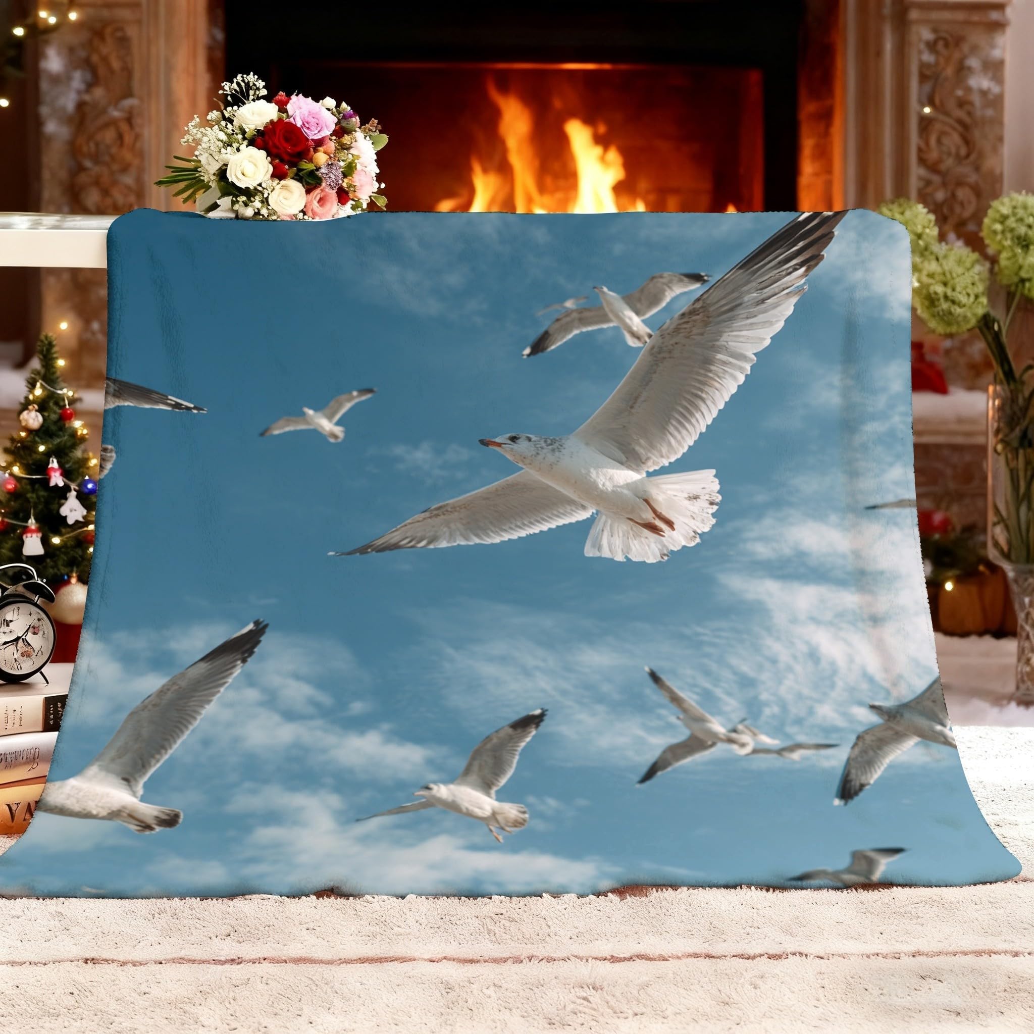 Couverture polaire oiseaux 150x200 cm plaid bleu toutes saisons pour lit et canapé