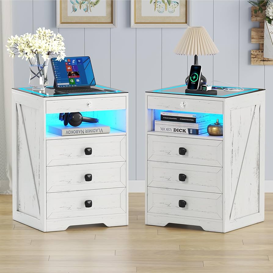 Lvifur 2 Set LED Nightstands with Gun Drawer, Glass Top Bedside Table with Wireless Charger Station, LED Night Stand with Human Sensor Design, Modern End Table for Bedroom Living Room (White)