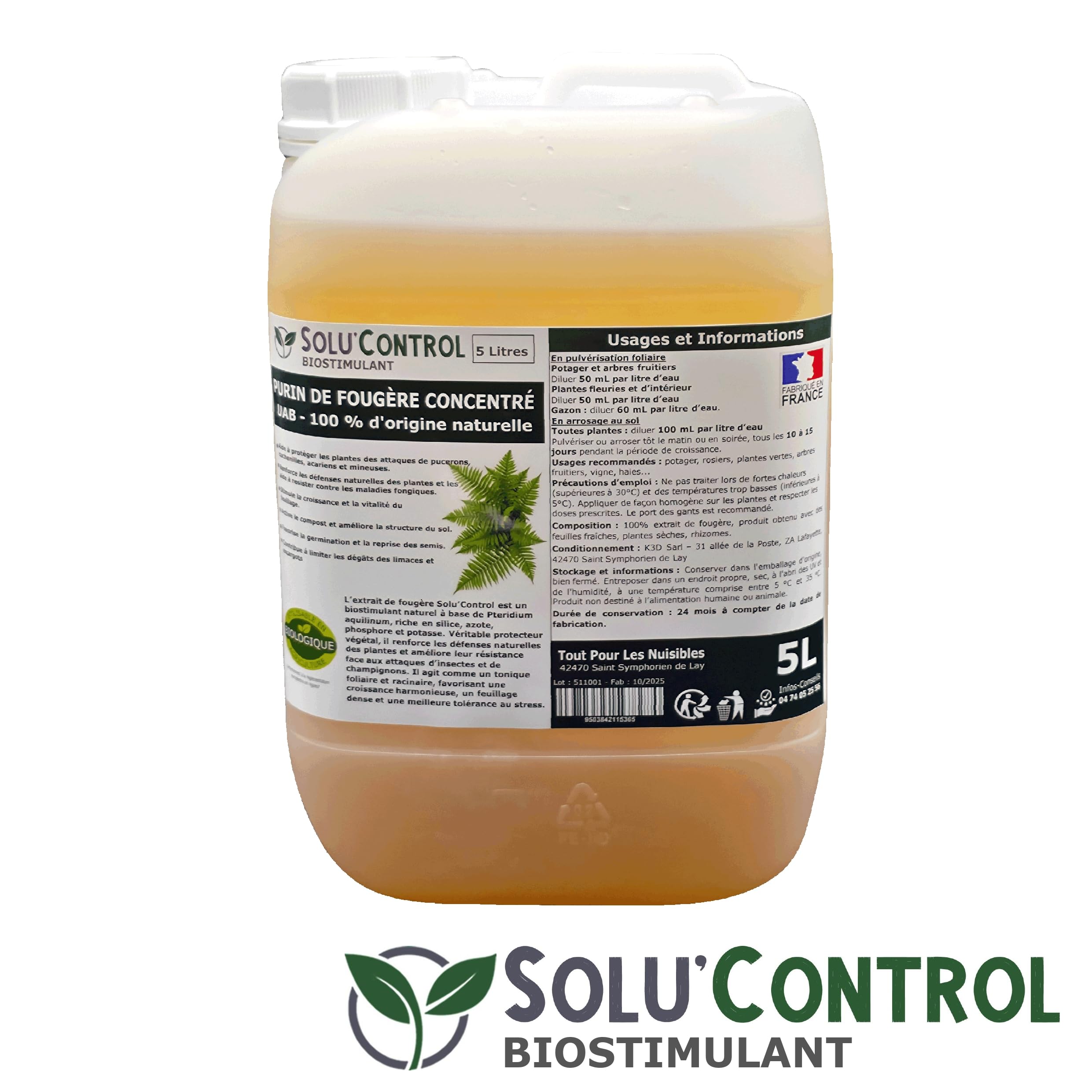 Purin de Fougère Solu’Control – 5L Concentré UAB – Biostimulant Naturel – Aide à Se Défendre des Insectes & Maladies Fongiques – Activateur de Compost – 100% Naturel – Fabriqué en France