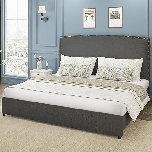 Miniatura 12 de Base de cama tamaño matrimonial con cabecero, plataforma tapizada de 56 pulgadas con ribete de cabeza de clavos, tela suave de bucle, no necesita