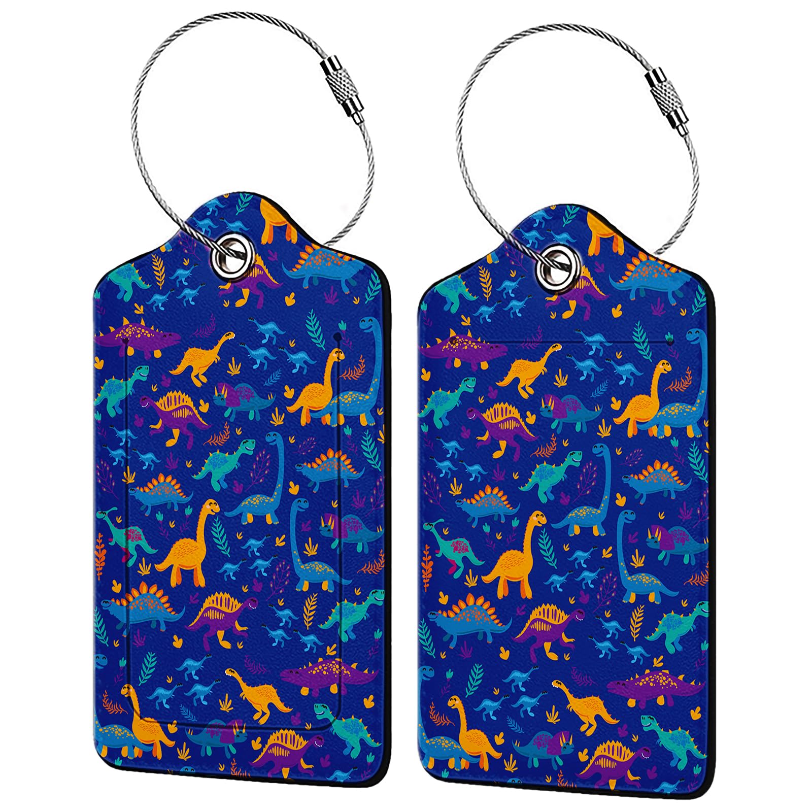 Funny Dinosaurs and Trees 2 Pack Luggage Tag for Suitcase, Leather Bag Tags Identifiers Privacy Cover ID Label with Steel Loop for Women Men Kids