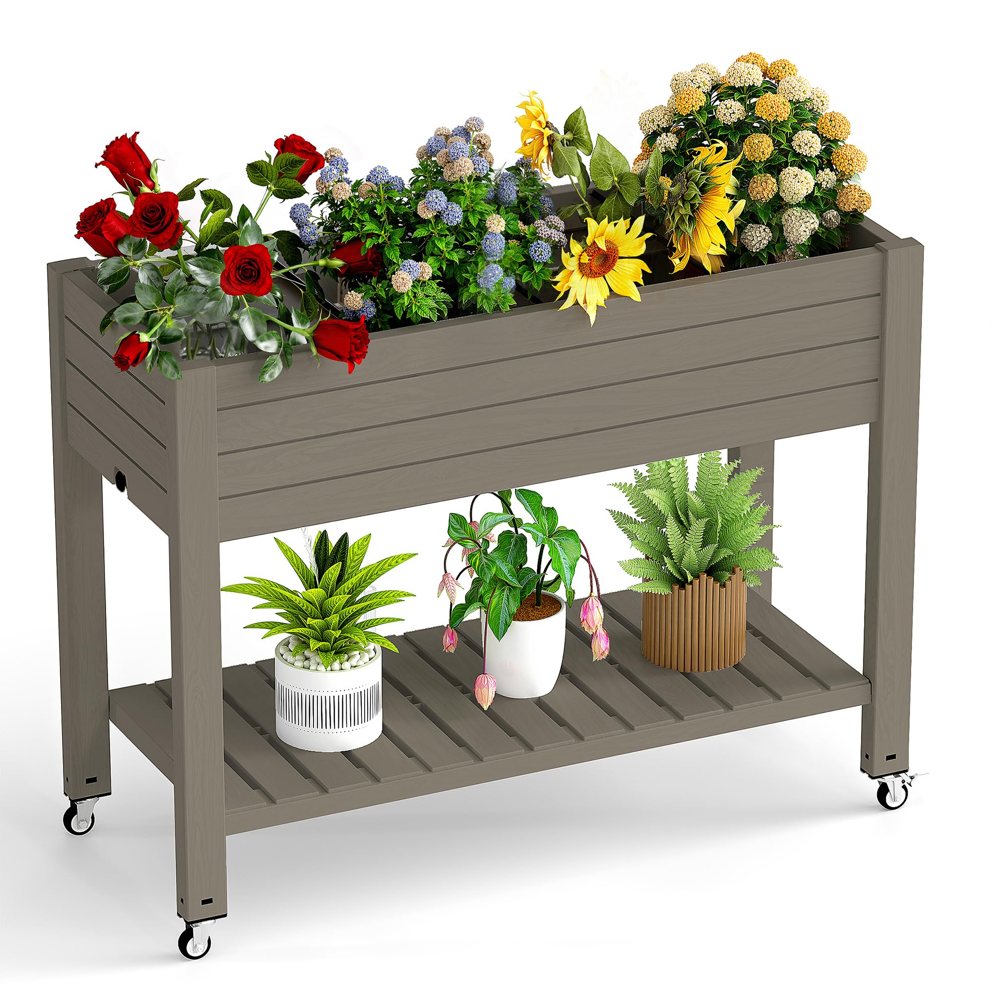 Huerto urbano elevado para balcón PatioZen con ruedas de resina autorriego