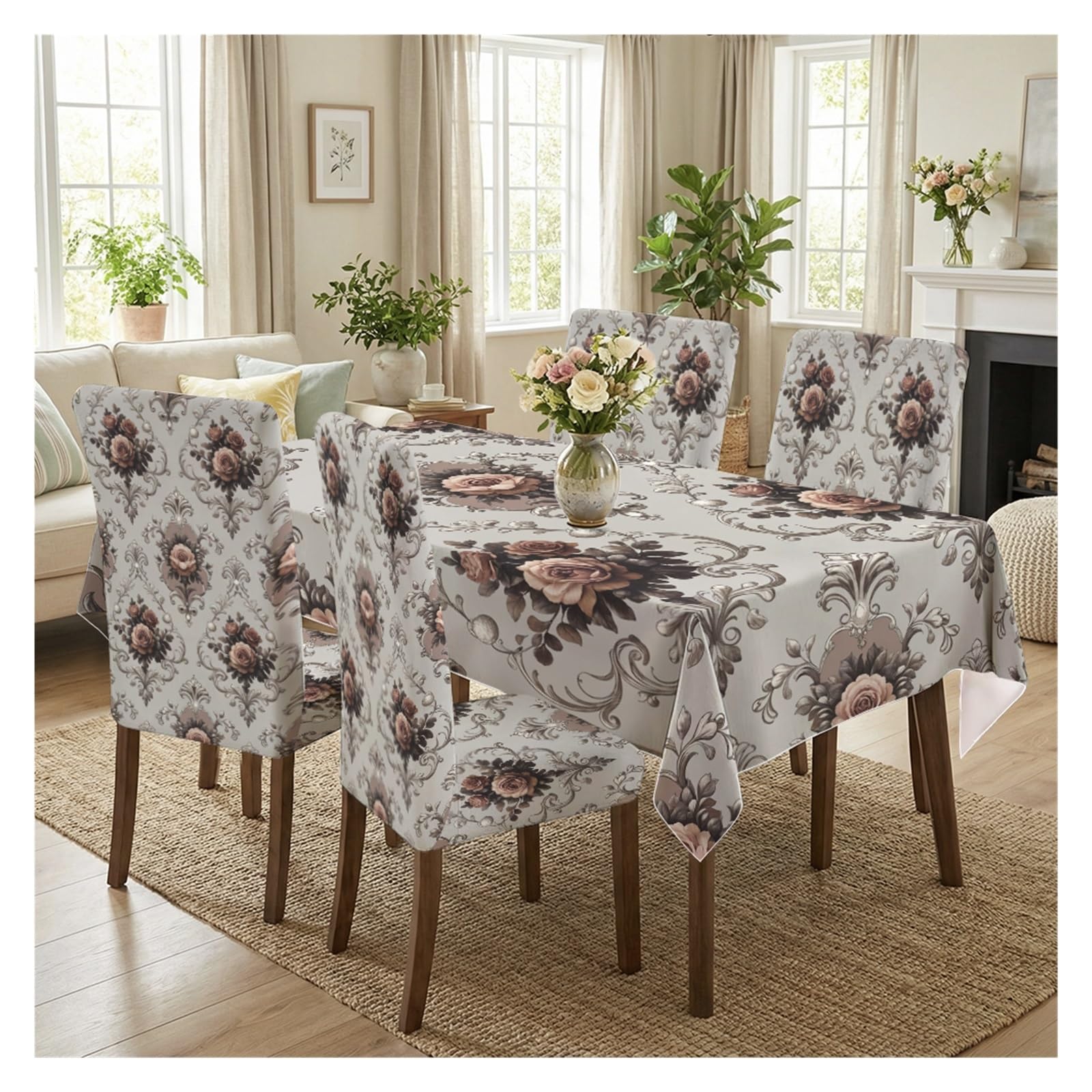 BOSUYBN Vintage Brown Rose Damask Floral Dining Tablecloth & Chair Covers Set, 5/7 Piece Elegant Baroque Neutral Farmhouse Dining Decor Table Setting(5pcs Set: Tablecloth+Chair Covers)