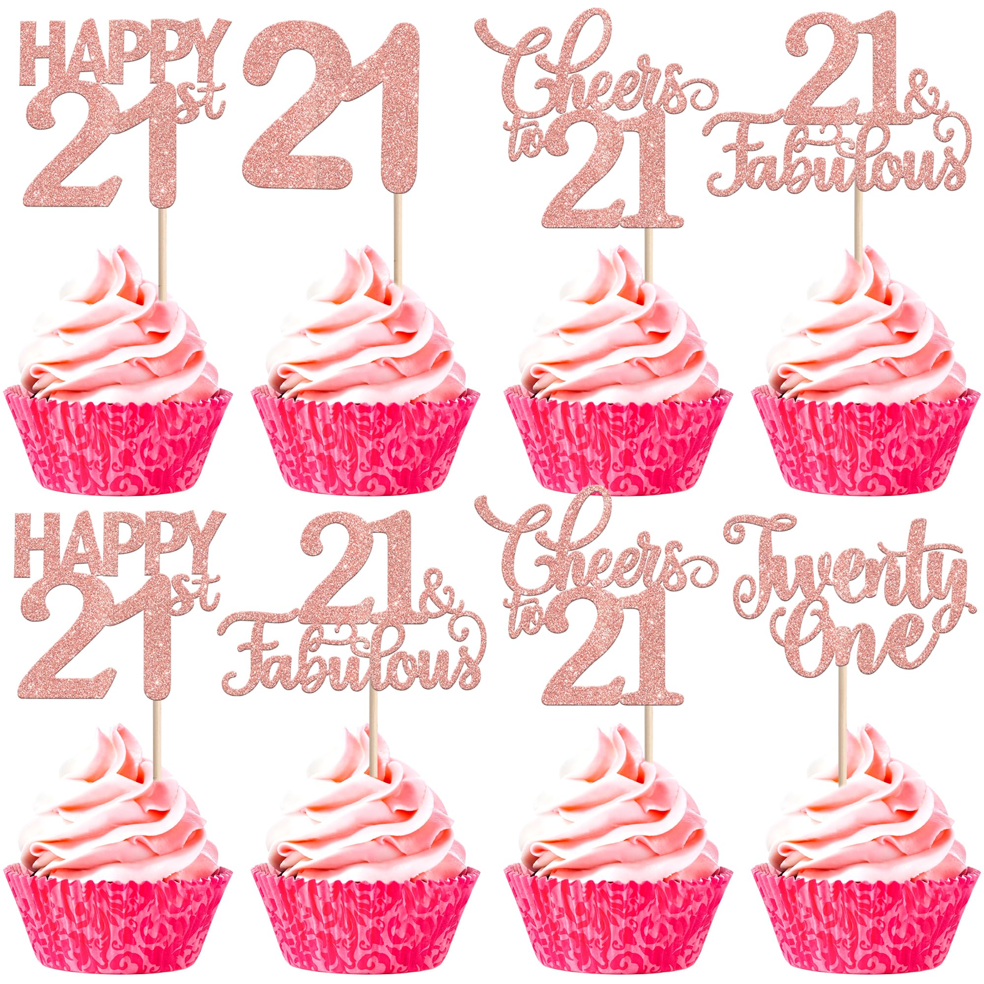 30 Stück 21st Geburtstag Tortendeko Glitzer Happy 21st Cheers to 21 Fabulous Cupcake Toppers 21 Kuchen Deko für Geburtstag Jahrestag Party Kuchen Dekoration Rosegold