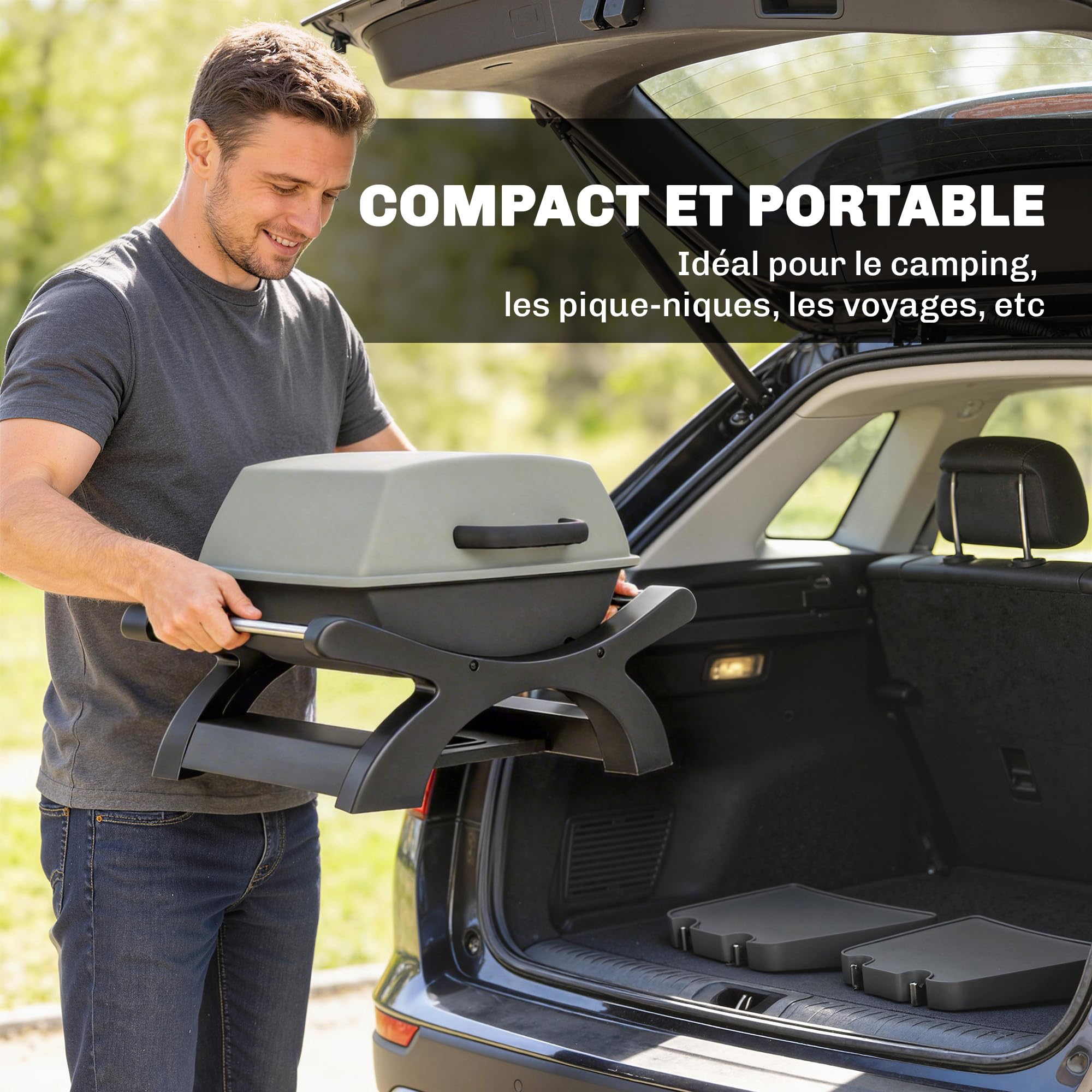 Outsunny Barbecue électrique extérieur 2300W portable avec grilles émaillées, barbecue de table, étagères latérales amovibles, crochets, bac de récupération, pour terrasse, balcon, petit espace, noir