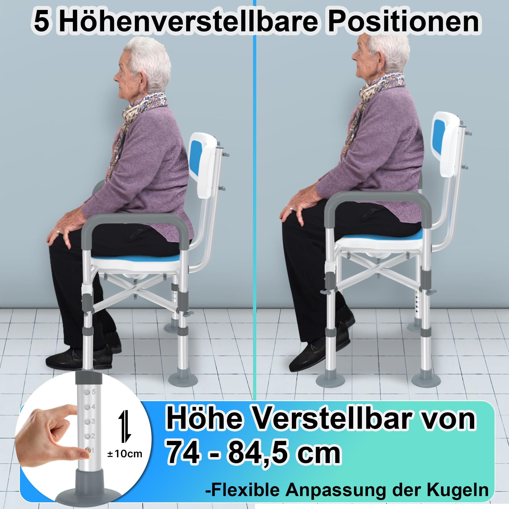 Aufun Sgabello da doccia con apertura igienica, sedia da bagno con schienale e braccioli, regolabile fino a 180 kg, con piedini antiscivolo, sedile regolabile in altezza