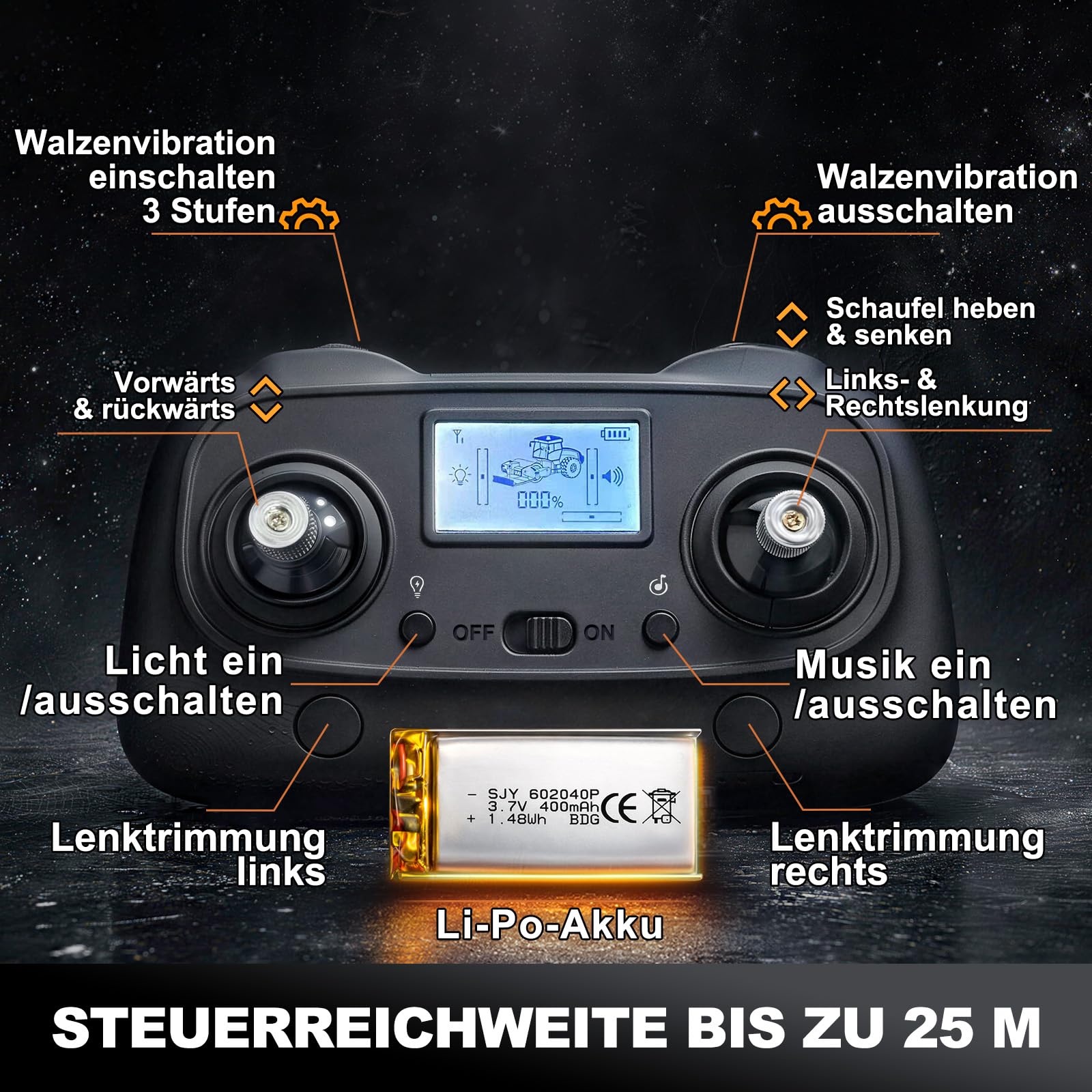 RC Straßenwalze Ferngesteuerte Baumaschine Mini 1:50 Modell mit Metallwalze & Metallschild, 3-stufiger Walzenvibration, 2,4 GHz LCD-Fernbedienung, Licht & Sound, 2 Akkus, RTR für Erwachsene