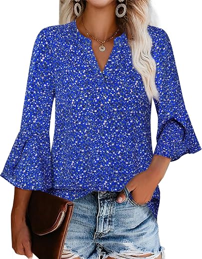 Gaharu Women's Work Blouses Ruffle 3/4 Sleeve Dressy Top V Neck Casual Chiffon Tunic Blouses Business Shirts