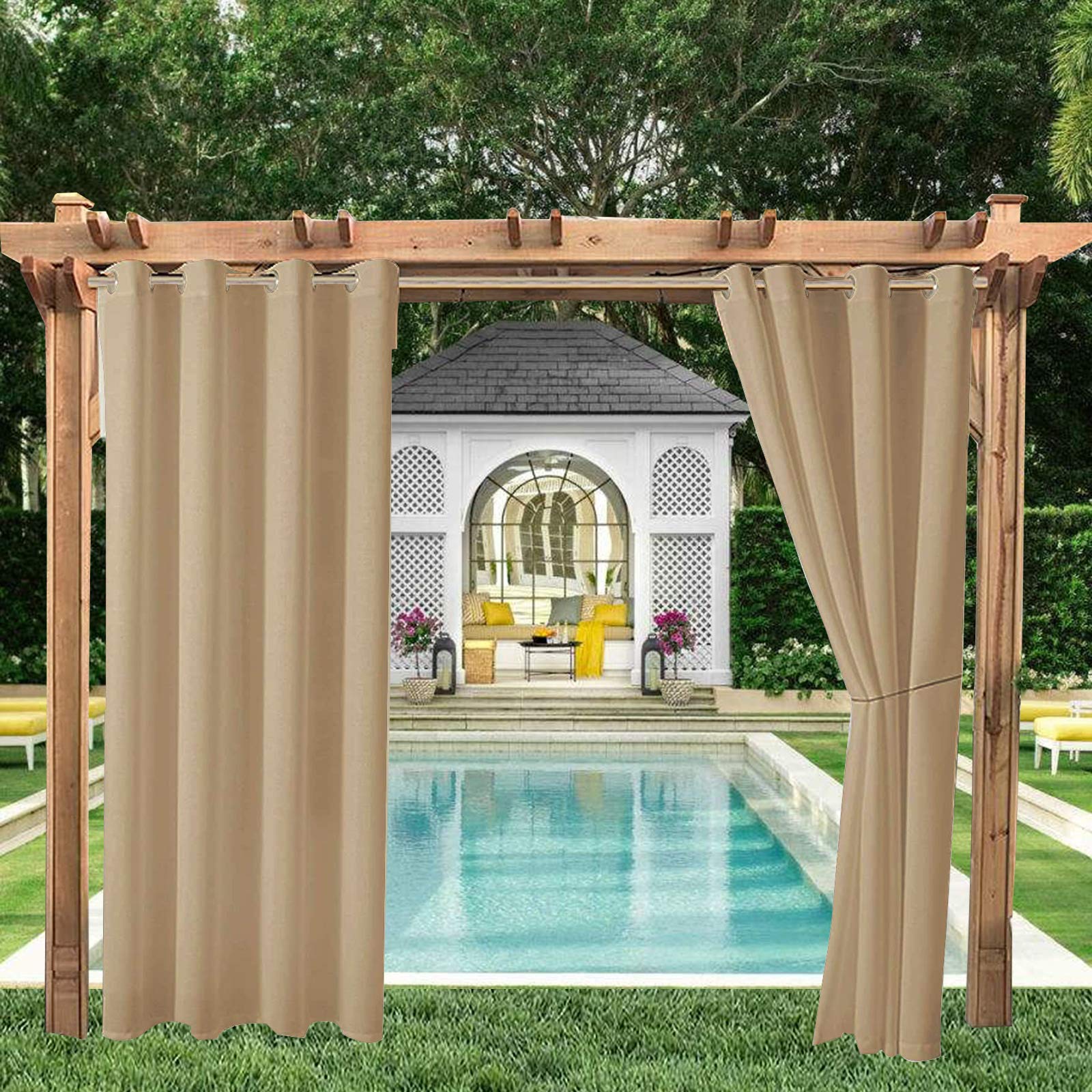 ele ELEOPTION Outdoor Vorhang Wetterfest, Outdoor Vorhänge mit Ösen Blickdicht Vorhang Sichtschutz und Sonnenschutz, Outdoor Gardinen für Terrasse Balkon Garten Hof (2 Stücke/ 132 X 213cm, Beige 1)