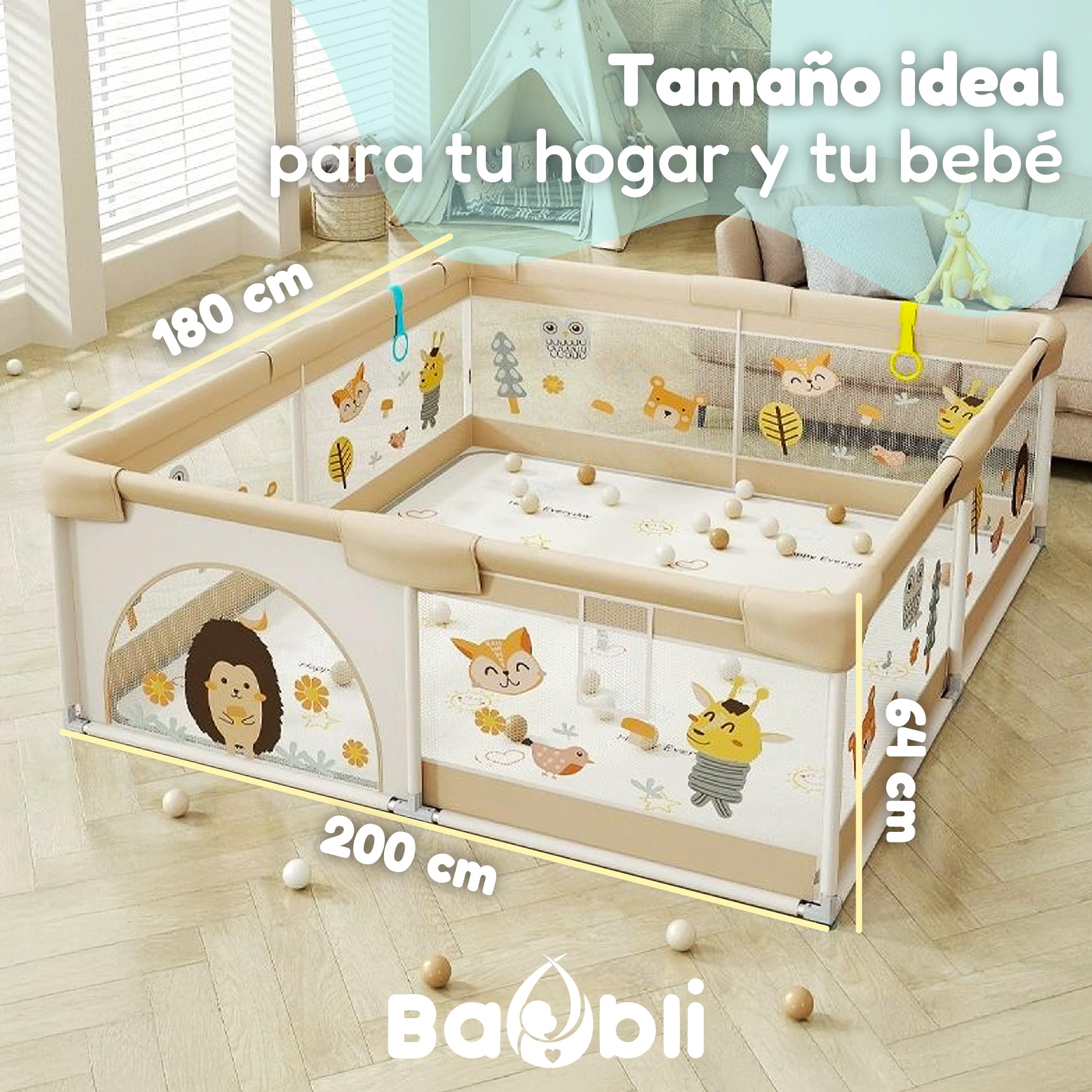 Parque Infantil Bebe + Alfombra Bebe + 60 Bolas + Agarraderas + Bolsas de Transporte – Corralito Bebe con Malla Transpirable – Parque de Juegos Bebe – Playpen Bebe (180x200 cm)