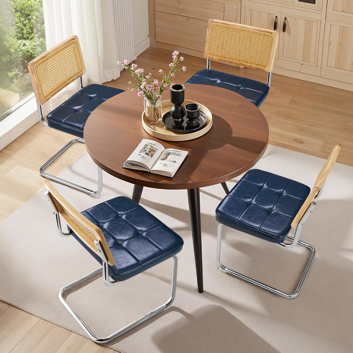 Warmiehomy Modern Dining Chairs Set of 4, Faux Leather Upholstered Dining Room Chairs with Cane Back and Metal Legs, Boho Rattan Dining Kitchen Chair (Blue, 4 Pcs)