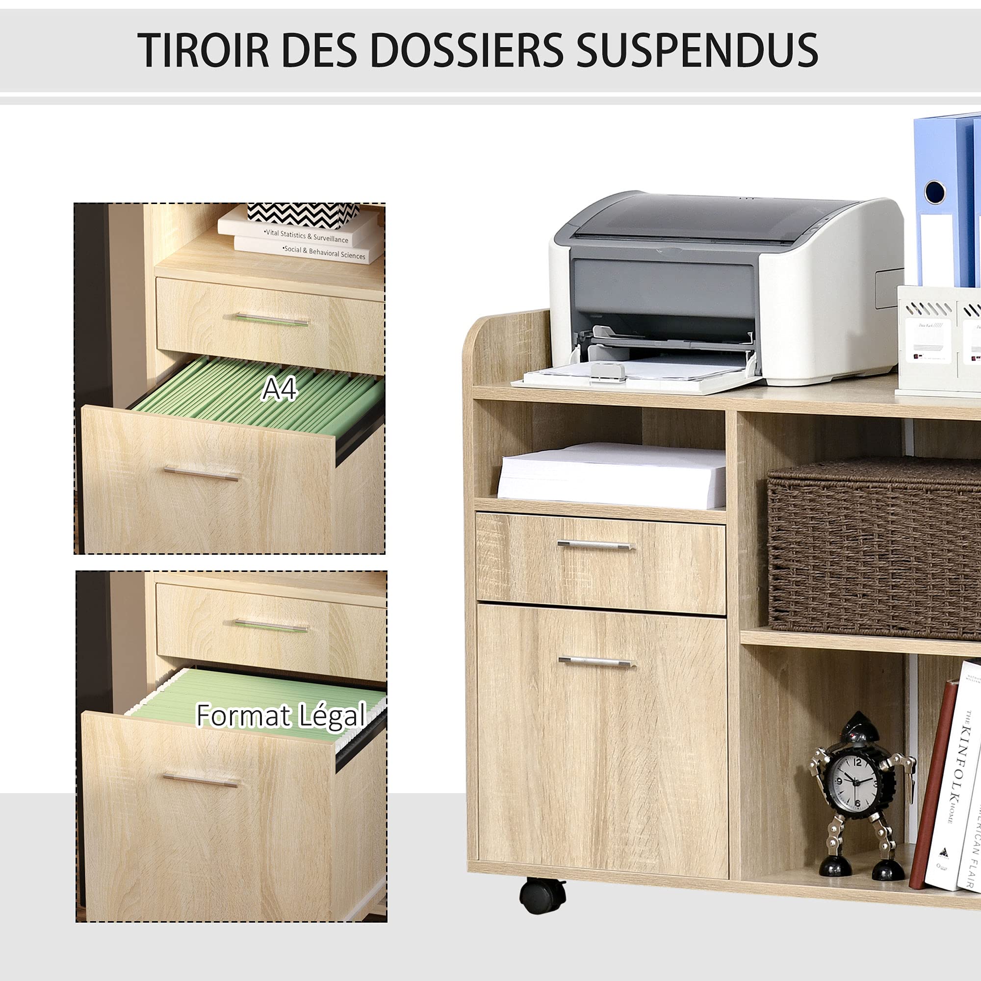 Vinsetto Support d'Imprimante Bureau Roulant 80l x 40P x 72H cm Chêne Clair | Caisson d'Organisation de Bureau Roulant En Bois