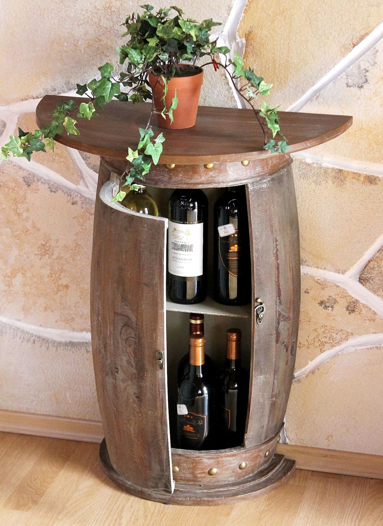 DanDiBo Wandtisch halbrund Tisch Weinregal Weinfass 0373-R Braun Schrank Fass aus Holz 73 cm Beistelltisch Konsole Wandkonsole Bar
