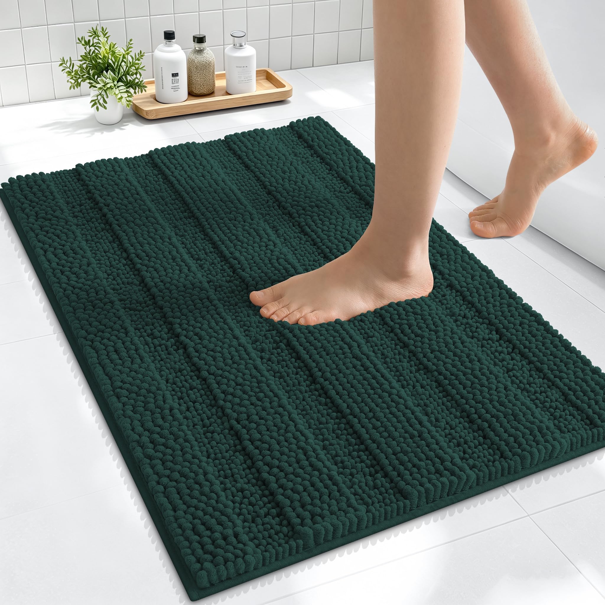 Smiry Thick Small Chenille Bathroom Rugs 24x16, Bath Mat, Blackish Green