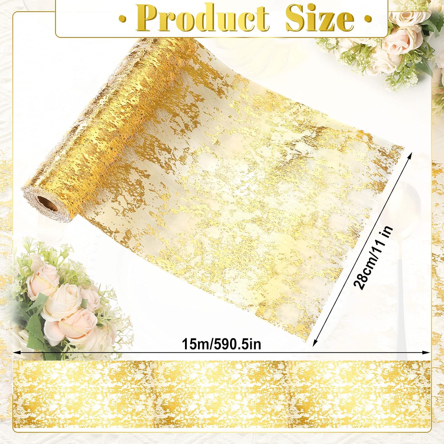 Chengu Metallic Table Runner Mesh Table Runners 11 x 590 Inch Desk Centerpieces for Party Bridal Party Wedding Decorations Thin Bridal Shower(1 Pieces,Gold) image 2