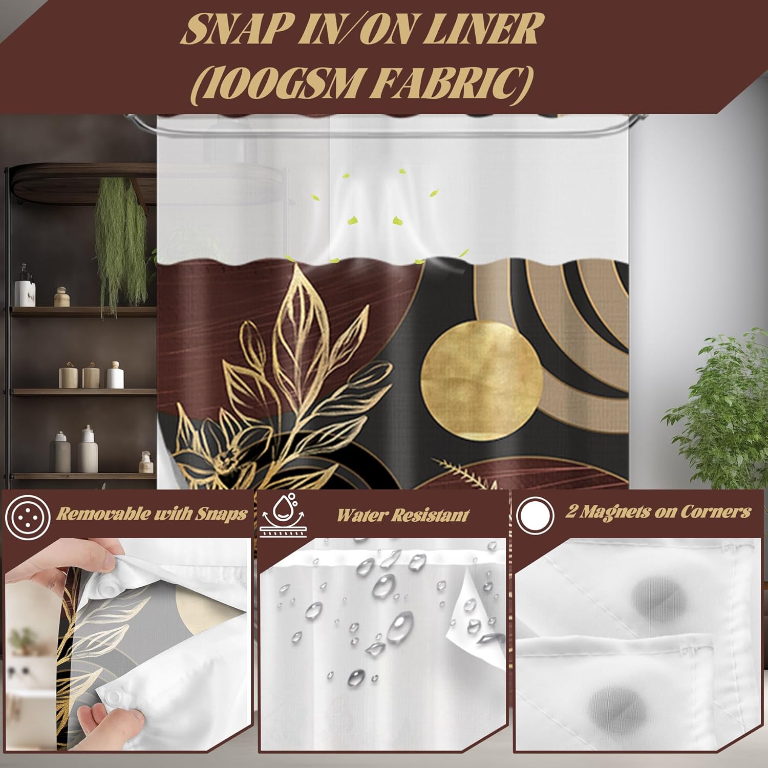 Dark Brown and Black Hookless Shower Curtain with Snap in Liner, Boho Mid Century Modern Brown No Hook Double Layer Shower Curtain and Liner Set, Waterproof Cloth Fabric, 71"W x 74"L (Pack of 1)