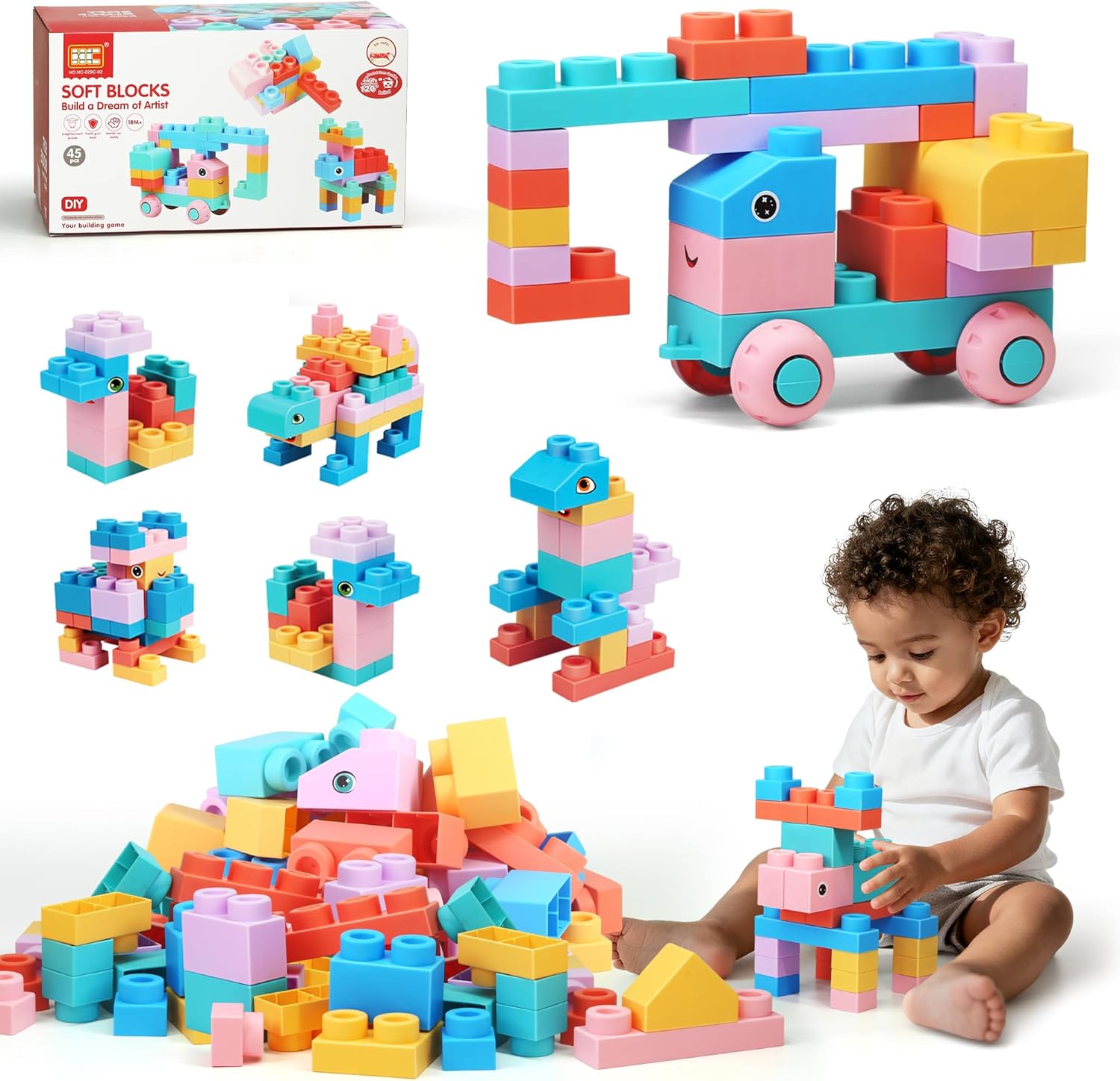 ZZXYPX 45pcs Soft BPA-Free Building Blocks for Toddlers 18+ Months - Safe STEM Toys for Creativity, Motor Skills & Sensory Play