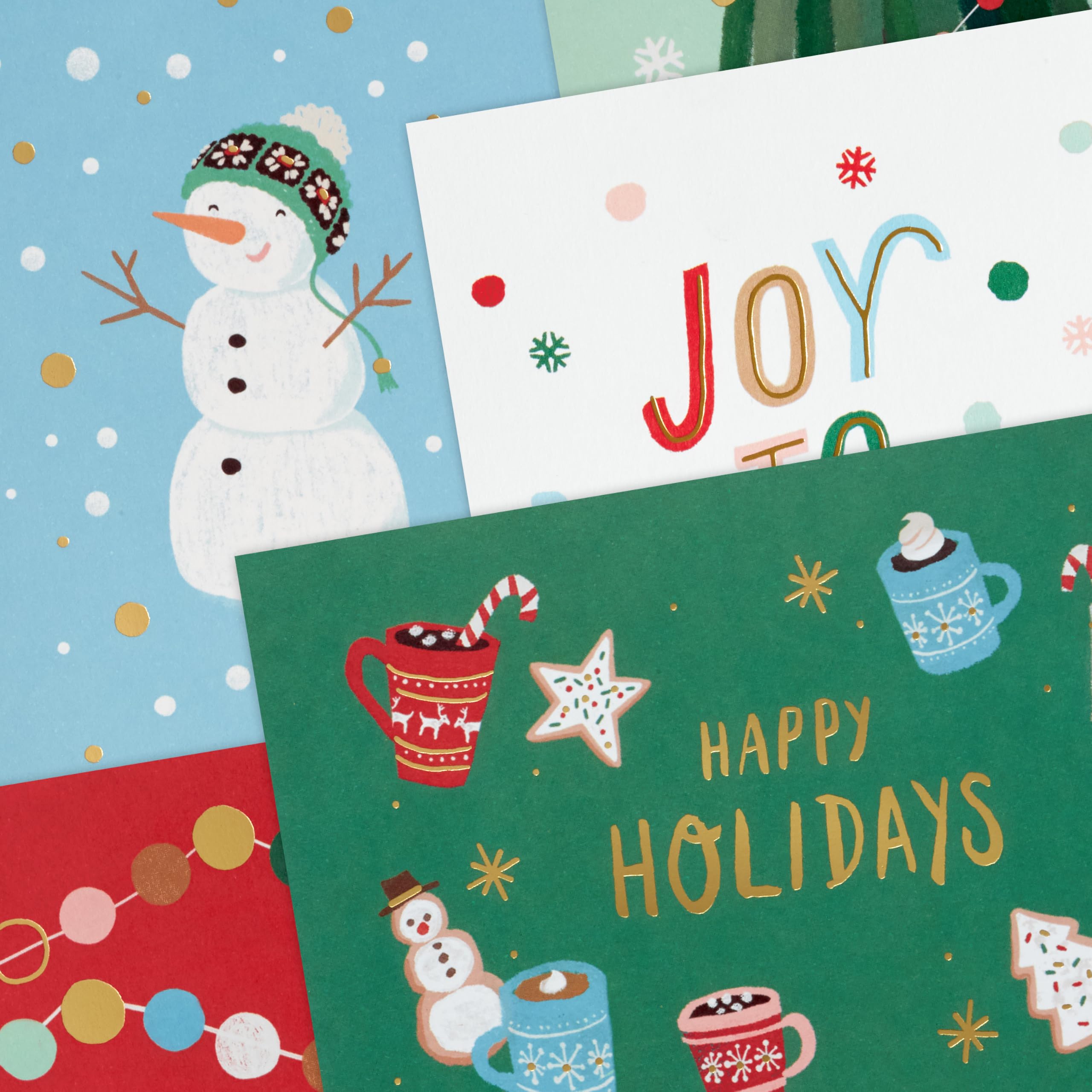 Hallmark Assortiment de cartes de Noël en vrac, icônes ludiques (72 cartes et 72 enveloppes) Joy to the World, Deck the Halls, bonhomme de neige, cacao, pommes de pin, arbre