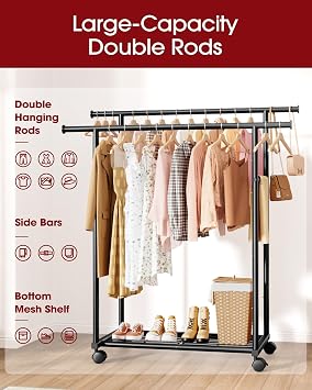 Sakugi Double Rod Clothing Rack with Shelf & Wheels, 98x42x150cm, Black