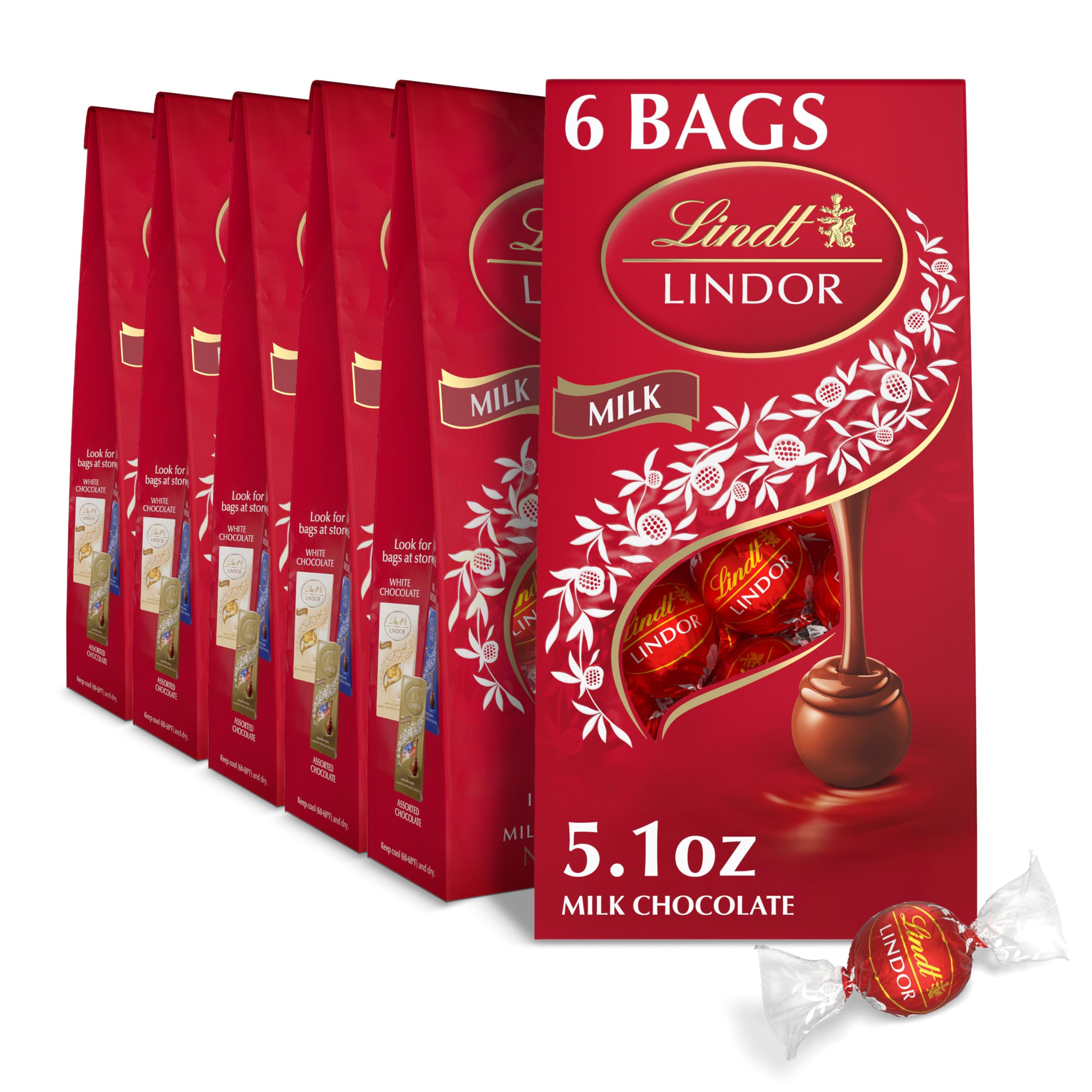 Lindt LINDOR Milk Chocolate Truffles, Milk Chocolate Candy with Smooth, Melting Truffle Center, Great for Gift Giving, 5.1 oz. Bag (6 Pack)