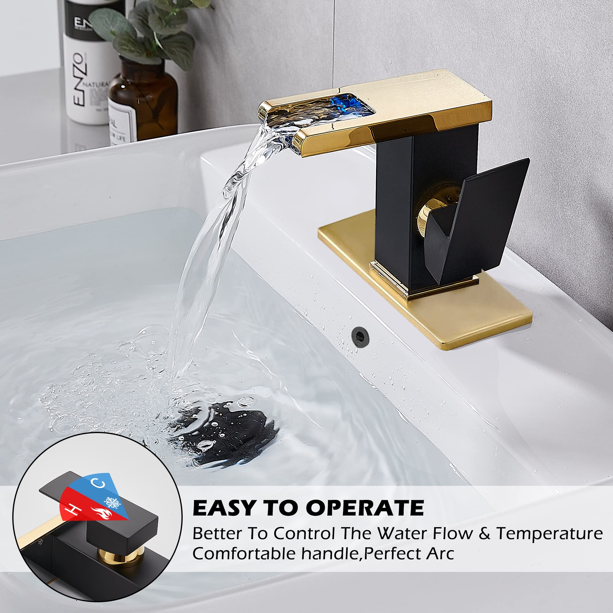 Rubinetto per bagno a foro singolo con maniglia, cascata a LED, beccuccio aperto, nero e oro, moderno, in ottone, per lavabo, 3 fori, lavabo da 4 pollici, con tappo di scarico a scomparsa e troppopi